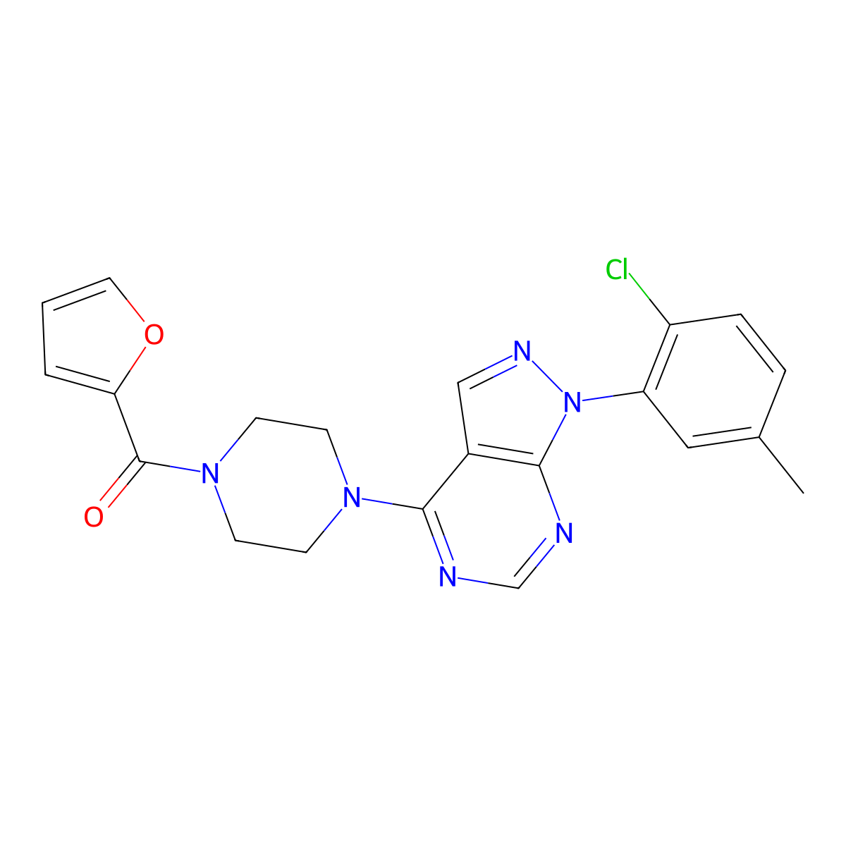 (4-(1-(2-chloro-5-methylphenyl)-1H-pyrazolo[3,4-d]pyrimidin-4-yl)piperazin-1-yl)(furan-2-yl)methanone molecular structure, CAS 1105233-80-4