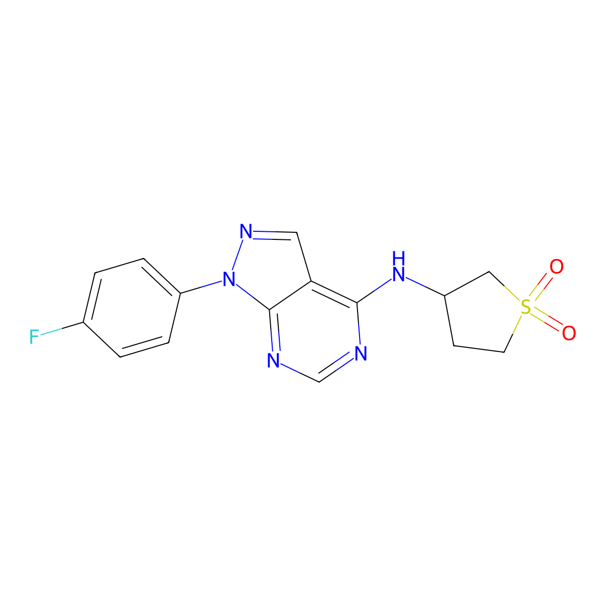 3-((1-(4-fluorophenyl)-1H-pyrazolo[3,4-d]pyrimidin-4-yl)amino)tetrahydrothiophene 1,1-dioxide molecular structure, CAS 1105234-01-2