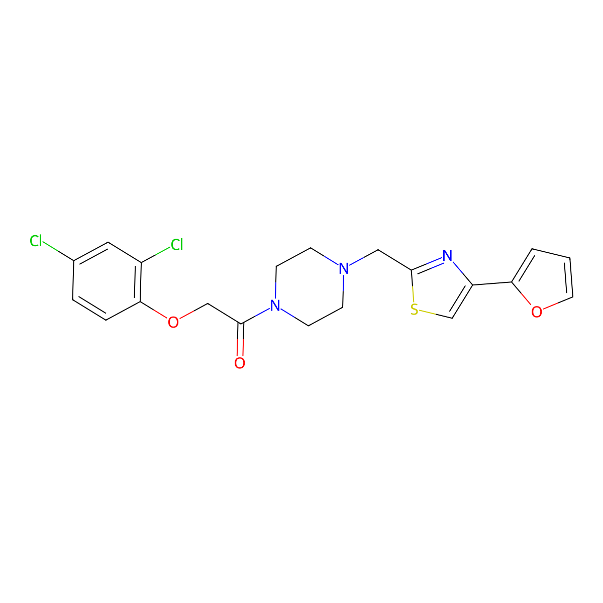 2-(2,4-Dichlorophenoxy)-1-(4-((4-(furan-2-yl)thiazol-2-yl)methyl)piperazin-1-yl)ethanone molecular structure, CAS 1105234-04-5