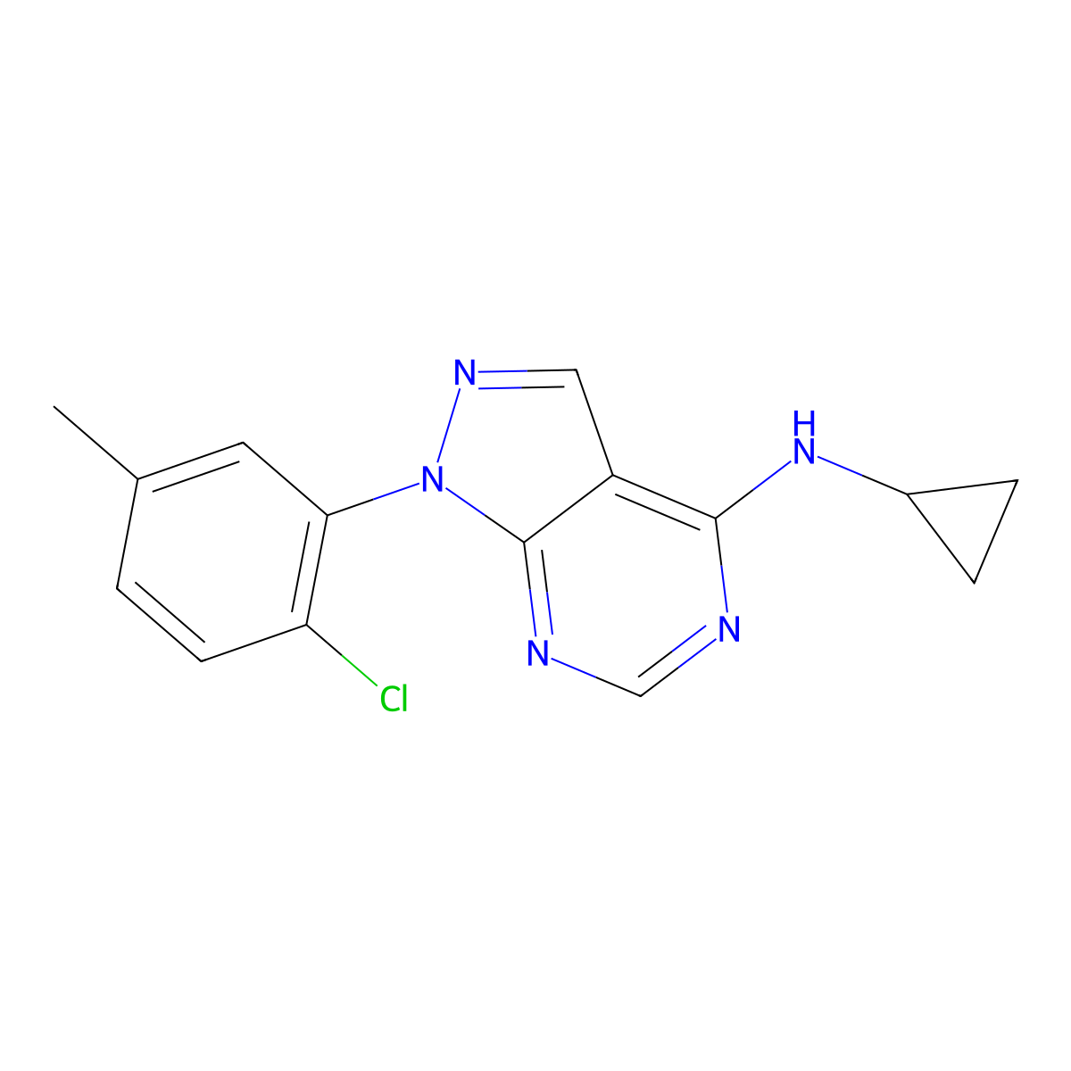 1-(2-chloro-5-methylphenyl)-N-cyclopropyl-1H-pyrazolo[3,4-d]pyrimidin-4-amine molecular structure, CAS 1105234-15-8