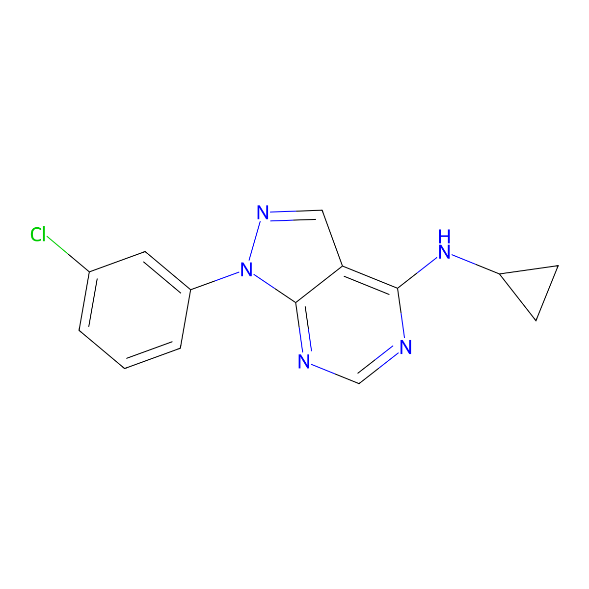 1-(3-chlorophenyl)-N-cyclopropyl-1H-pyrazolo[3,4-d]pyrimidin-4-amine molecular structure, CAS 1105234-21-6