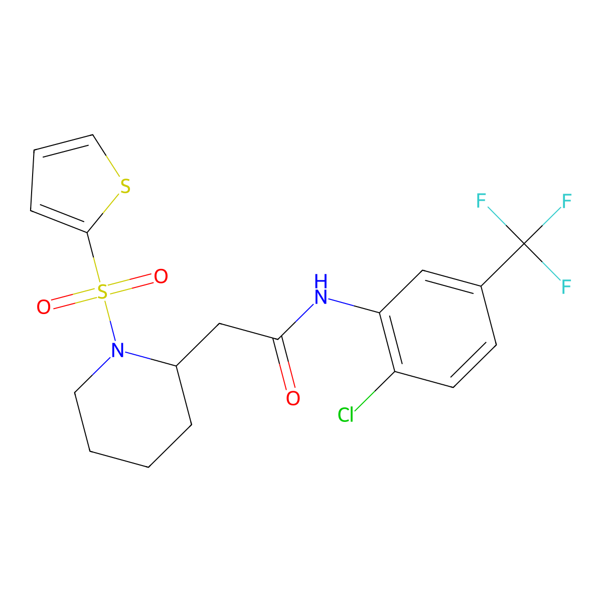 N-(2-chloro-5-(trifluoromethyl)phenyl)-2-(1-(thiophen-2-ylsulfonyl)piperidin-2-yl)acetamide molecular structure, CAS 1105235-23-1