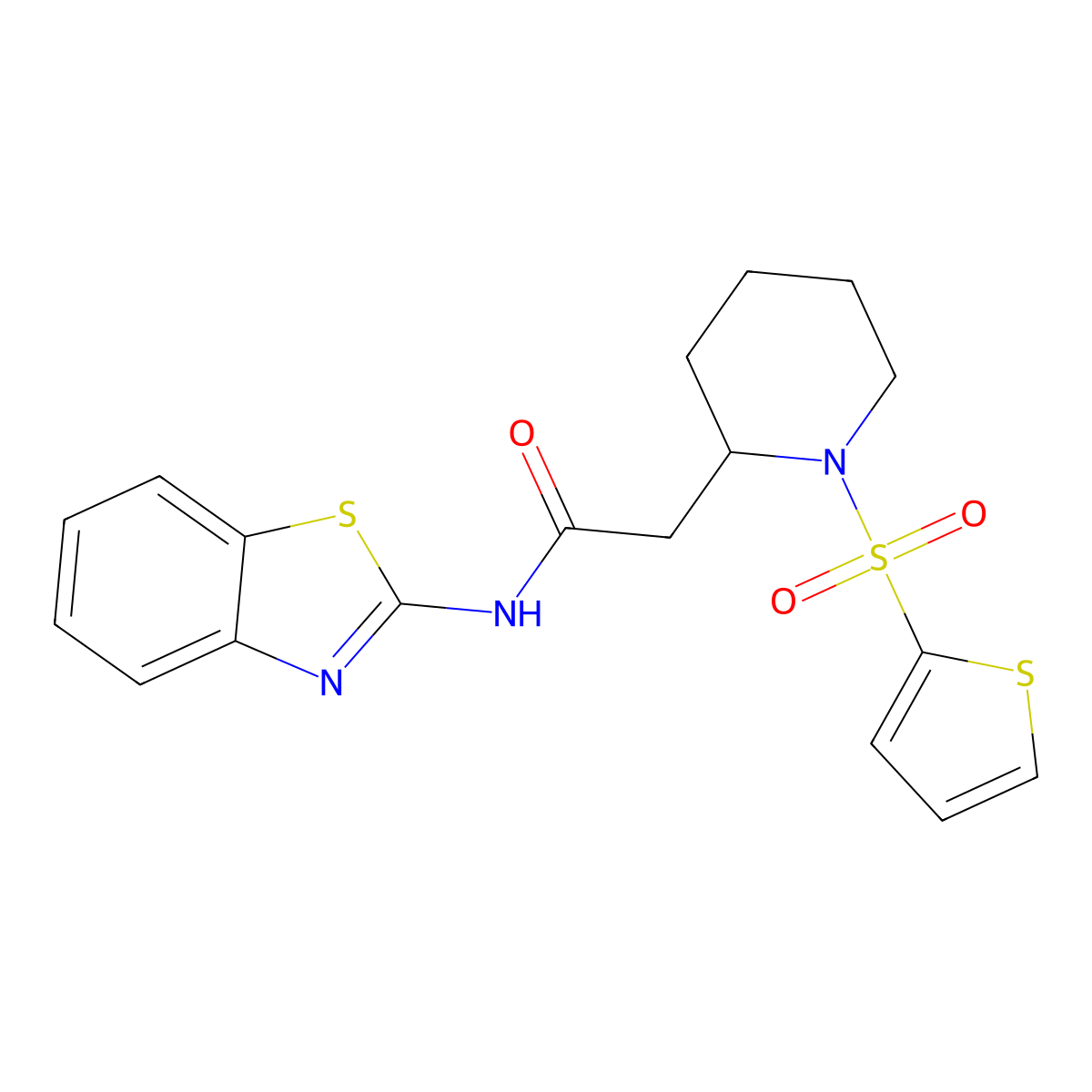 N-(benzo[d]thiazol-2-yl)-2-(1-(thiophen-2-ylsulfonyl)piperidin-2-yl)acetamide molecular structure, CAS 1105235-30-0
