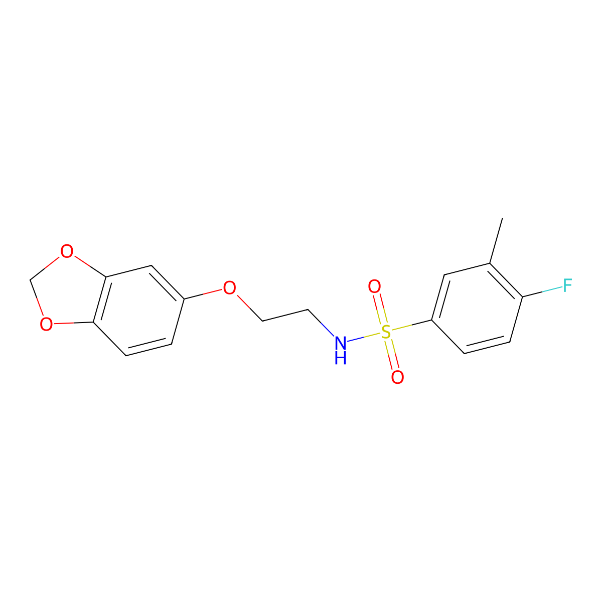 N-[2-(2H-1,3-benzodioxol-5-yloxy)ethyl]-4-fluoro-3-methylbenzene-1-sulfonamide molecular structure, CAS 1105235-37-7