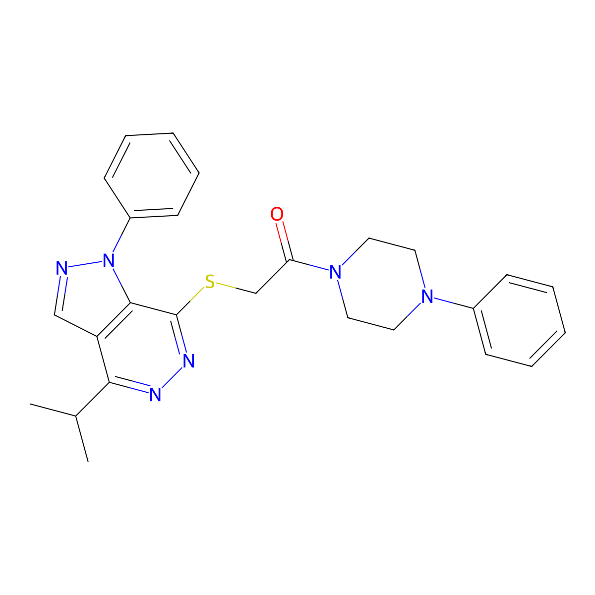 2-((4-isopropyl-1-phenyl-1H-pyrazolo[3,4-d]pyridazin-7-yl)thio)-1-(4-phenylpiperazin-1-yl)ethanone molecular structure, CAS 1105235-43-5