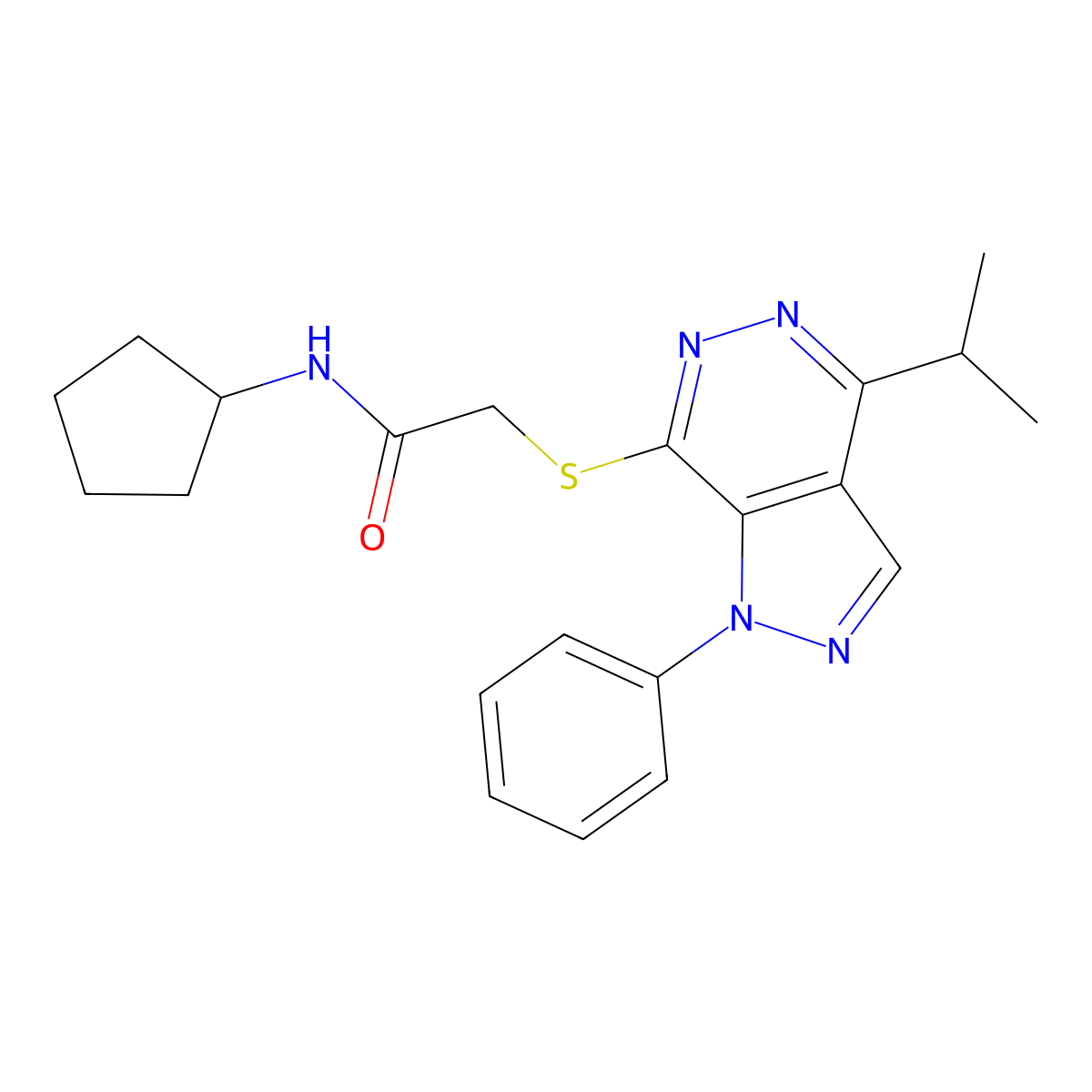 N-cyclopentyl-2-((4-isopropyl-1-phenyl-1H-pyrazolo[3,4-d]pyridazin-7-yl)thio)acetamide molecular structure, CAS 1105235-75-3