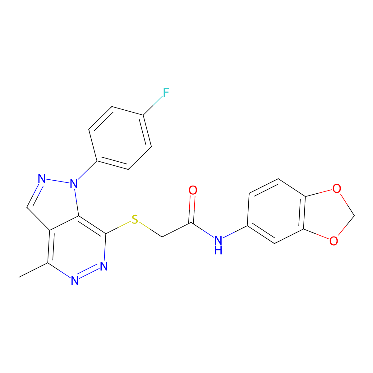 N-(benzo[d][1,3]dioxol-5-yl)-2-((1-(4-fluorophenyl)-4-methyl-1H-pyrazolo[3,4-d]pyridazin-7-yl)thio)acetamide molecular structure, CAS 1105236-07-4