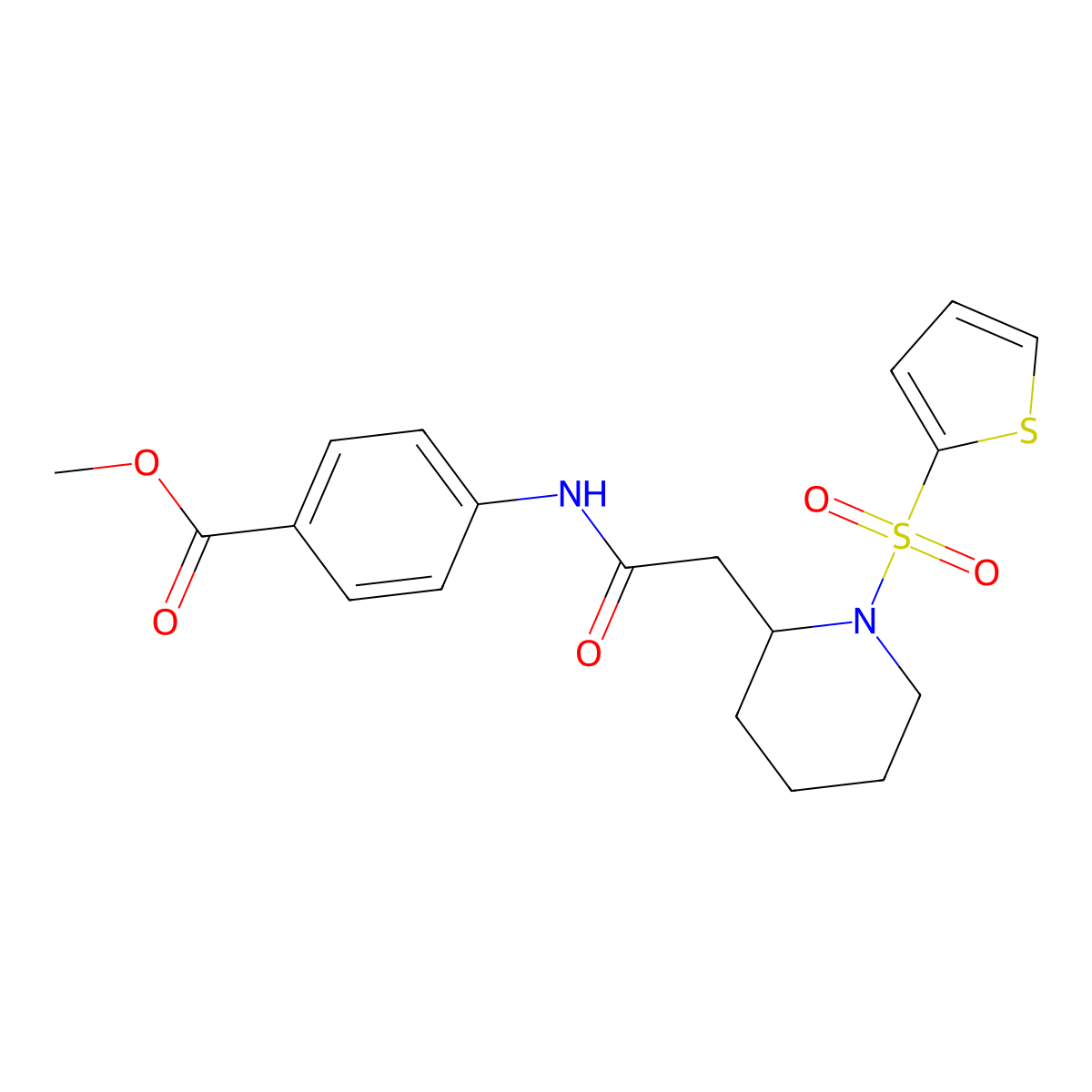 Methyl 4-(2-(1-(thiophen-2-ylsulfonyl)piperidin-2-yl)acetamido)benzoate molecular structure, CAS 1105236-10-9