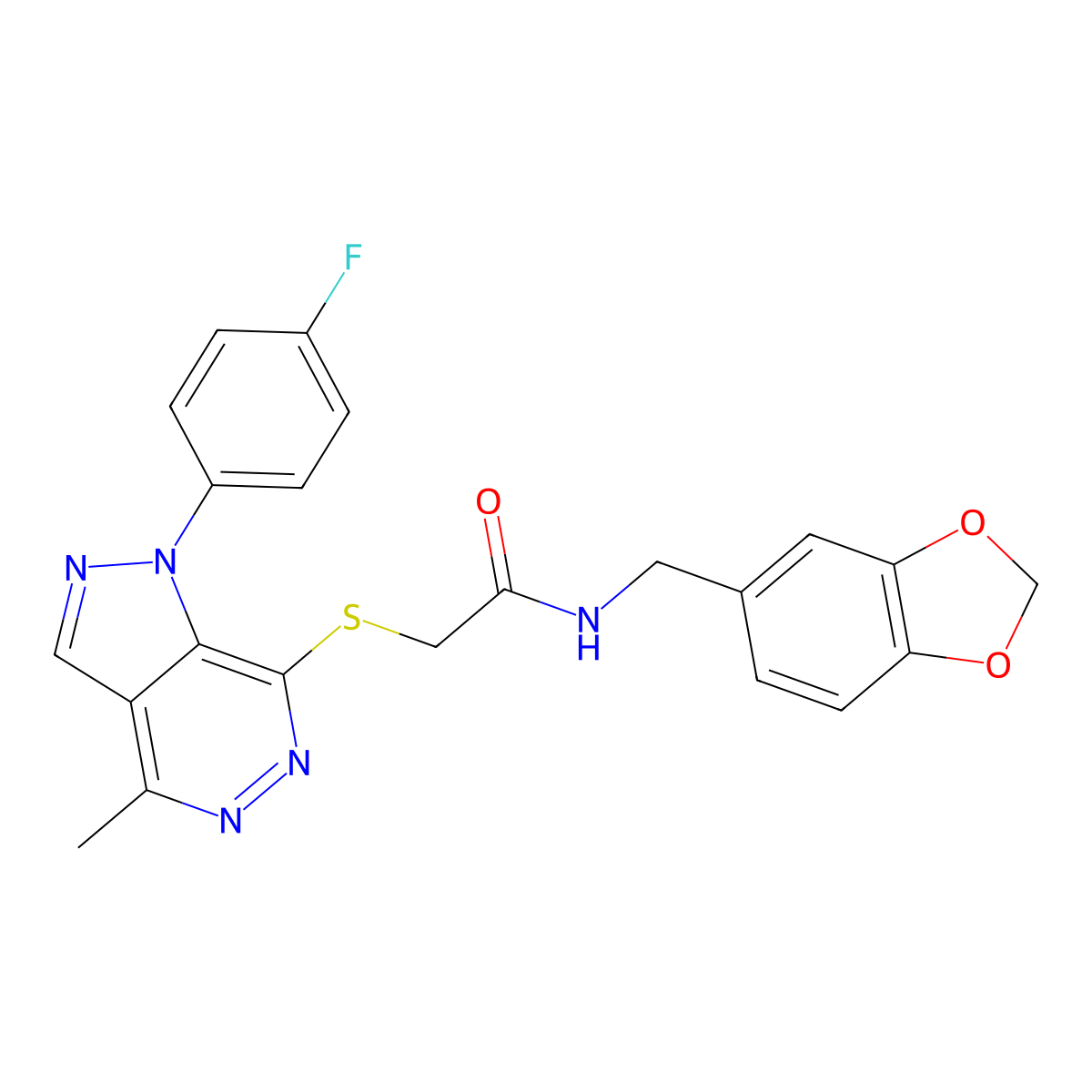 N-(benzo[d][1,3]dioxol-5-ylmethyl)-2-((1-(4-fluorophenyl)-4-methyl-1H-pyrazolo[3,4-d]pyridazin-7-yl)thio)acetamide molecular structure, CAS 1105236-15-4