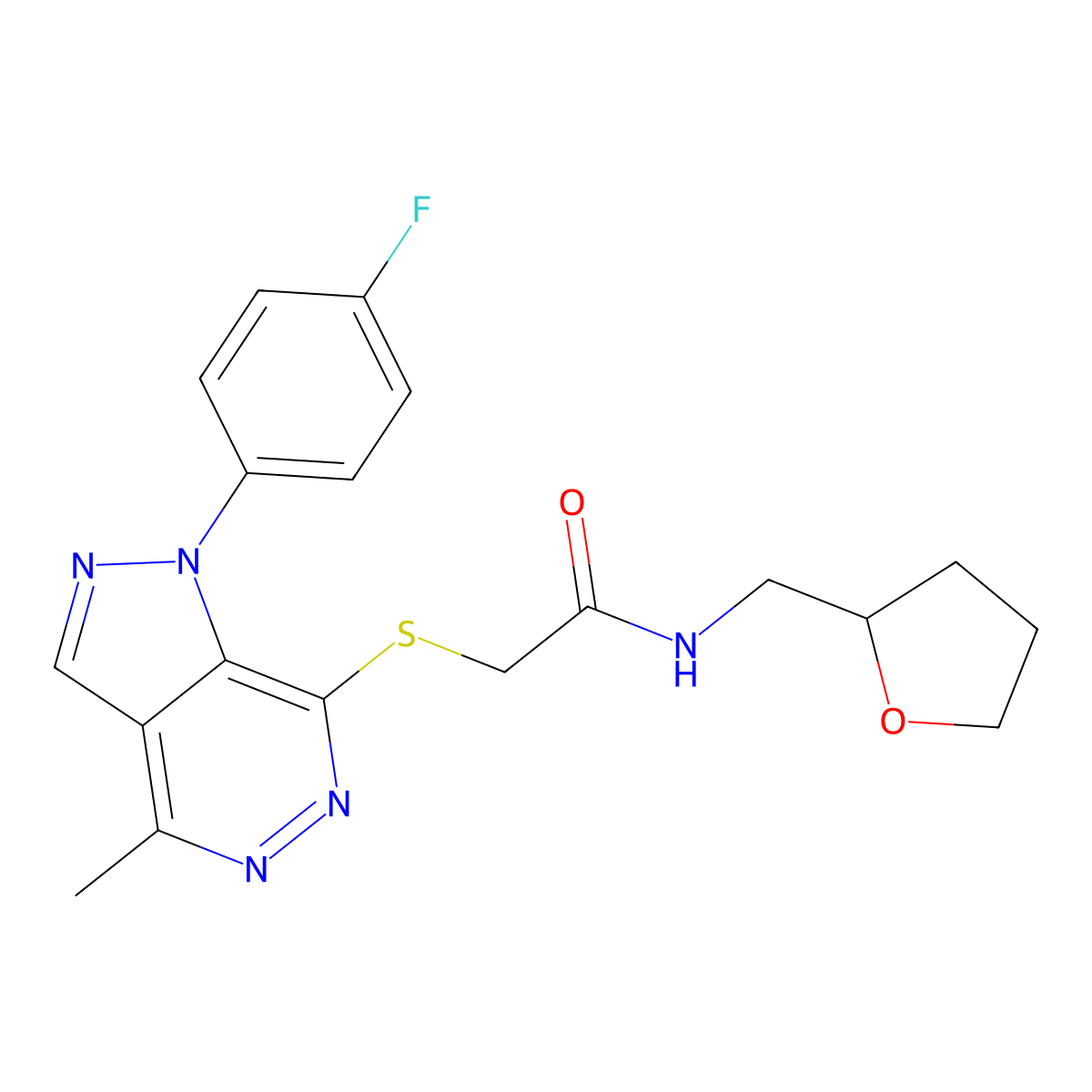 2-((1-(4-fluorophenyl)-4-methyl-1H-pyrazolo[3,4-d]pyridazin-7-yl)thio)-N-((tetrahydrofuran-2-yl)methyl)acetamide molecular structure, CAS 1105236-22-3