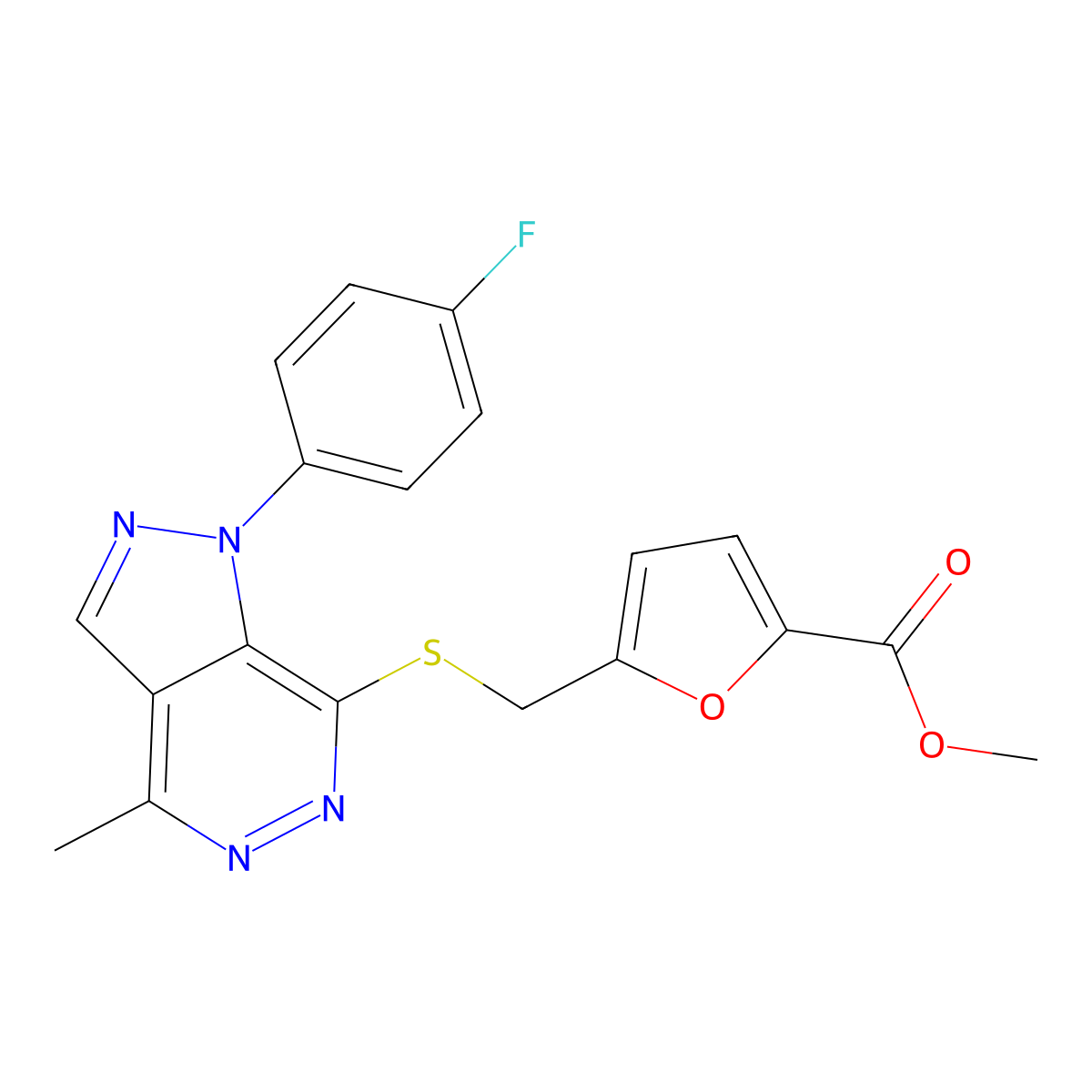 methyl 5-(((1-(4-fluorophenyl)-4-methyl-1H-pyrazolo[3,4-d]pyridazin-7-yl)thio)methyl)furan-2-carboxylate molecular structure, CAS 1105236-30-3