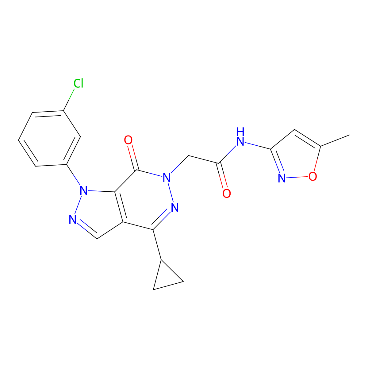 2-(1-(3-chlorophenyl)-4-cyclopropyl-7-oxo-1H-pyrazolo[3,4-d]pyridazin-6(7H)-yl)-N-(5-methylisoxazol-3-yl)acetamide molecular structure, CAS 1105236-43-8