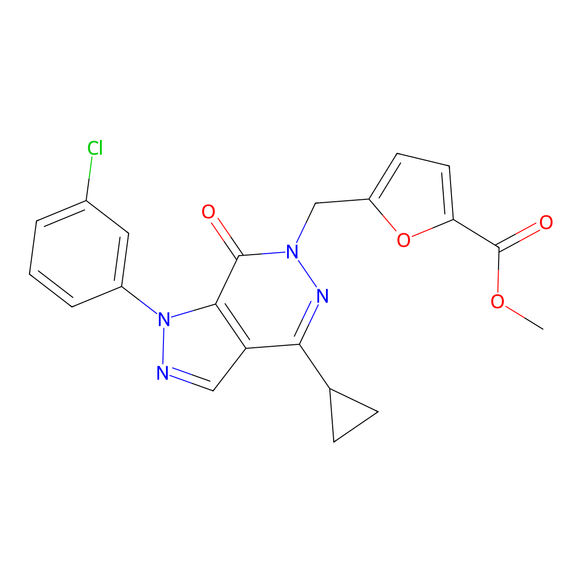 methyl 5-((1-(3-chlorophenyl)-4-cyclopropyl-7-oxo-1H-pyrazolo[3,4-d]pyridazin-6(7H)-yl)methyl)furan-2-carboxylate molecular structure, CAS 1105236-51-8