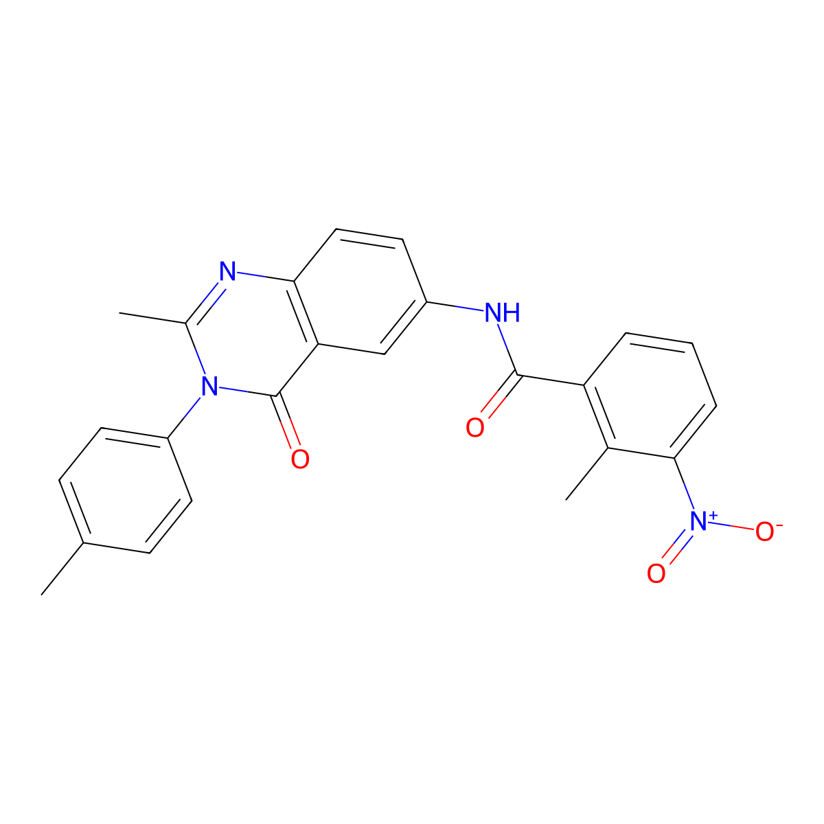2-methyl-N-(2-methyl-4-oxo-3-(p-tolyl)-3,4-dihydroquinazolin-6-yl)-3-nitrobenzamide molecular structure, CAS 1105236-56-3