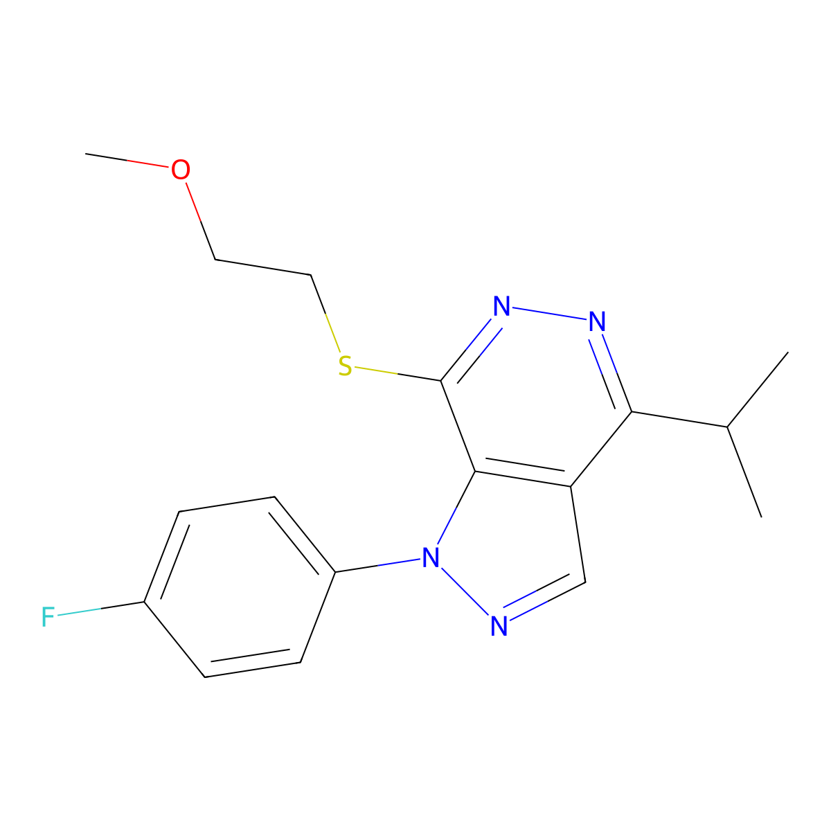 1-(4-fluorophenyl)-4-isopropyl-7-((2-methoxyethyl)thio)-1H-pyrazolo[3,4-d]pyridazine molecular structure, CAS 1105236-94-9