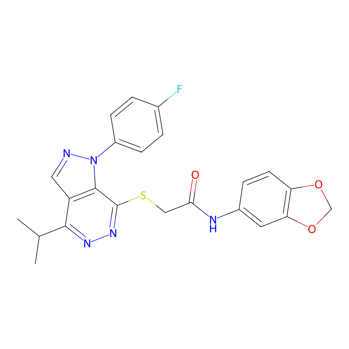 N-(benzo[d][1,3]dioxol-5-yl)-2-((1-(4-fluorophenyl)-4-isopropyl-1H-pyrazolo[3,4-d]pyridazin-7-yl)thio)acetamide molecular structure, CAS 1105237-02-2