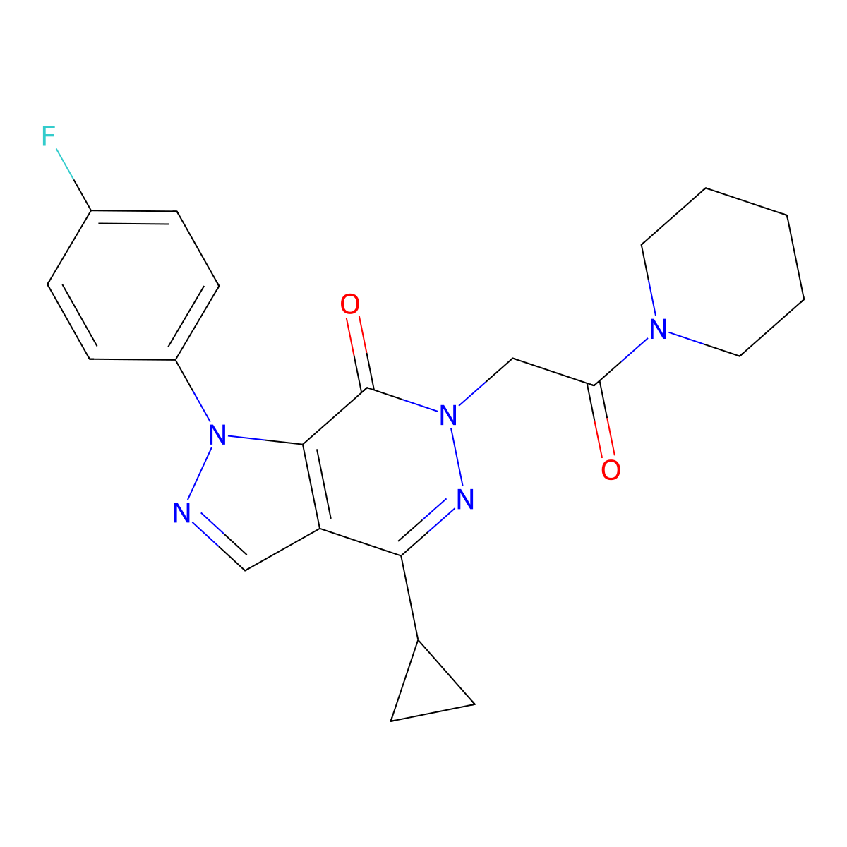 4-cyclopropyl-1-(4-fluorophenyl)-6-(2-oxo-2-(piperidin-1-yl)ethyl)-1H-pyrazolo[3,4-d]pyridazin-7(6H)-one molecular structure, CAS 1105237-07-7