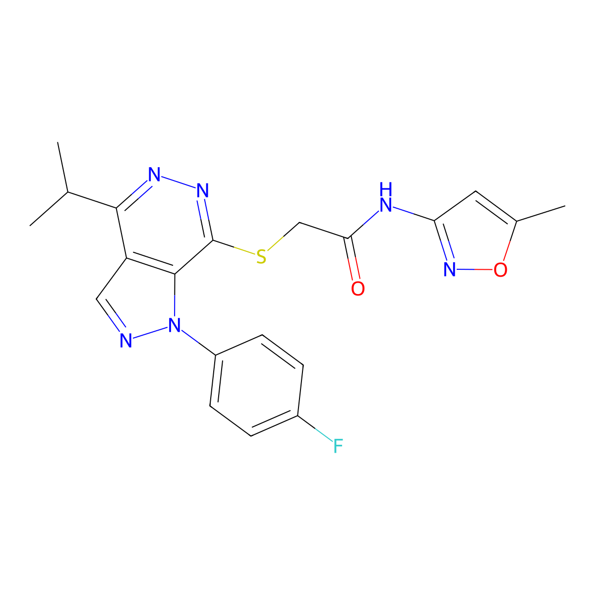 2-((1-(4-fluorophenyl)-4-isopropyl-1H-pyrazolo[3,4-d]pyridazin-7-yl)thio)-N-(5-methylisoxazol-3-yl)acetamide molecular structure, CAS 1105237-18-0