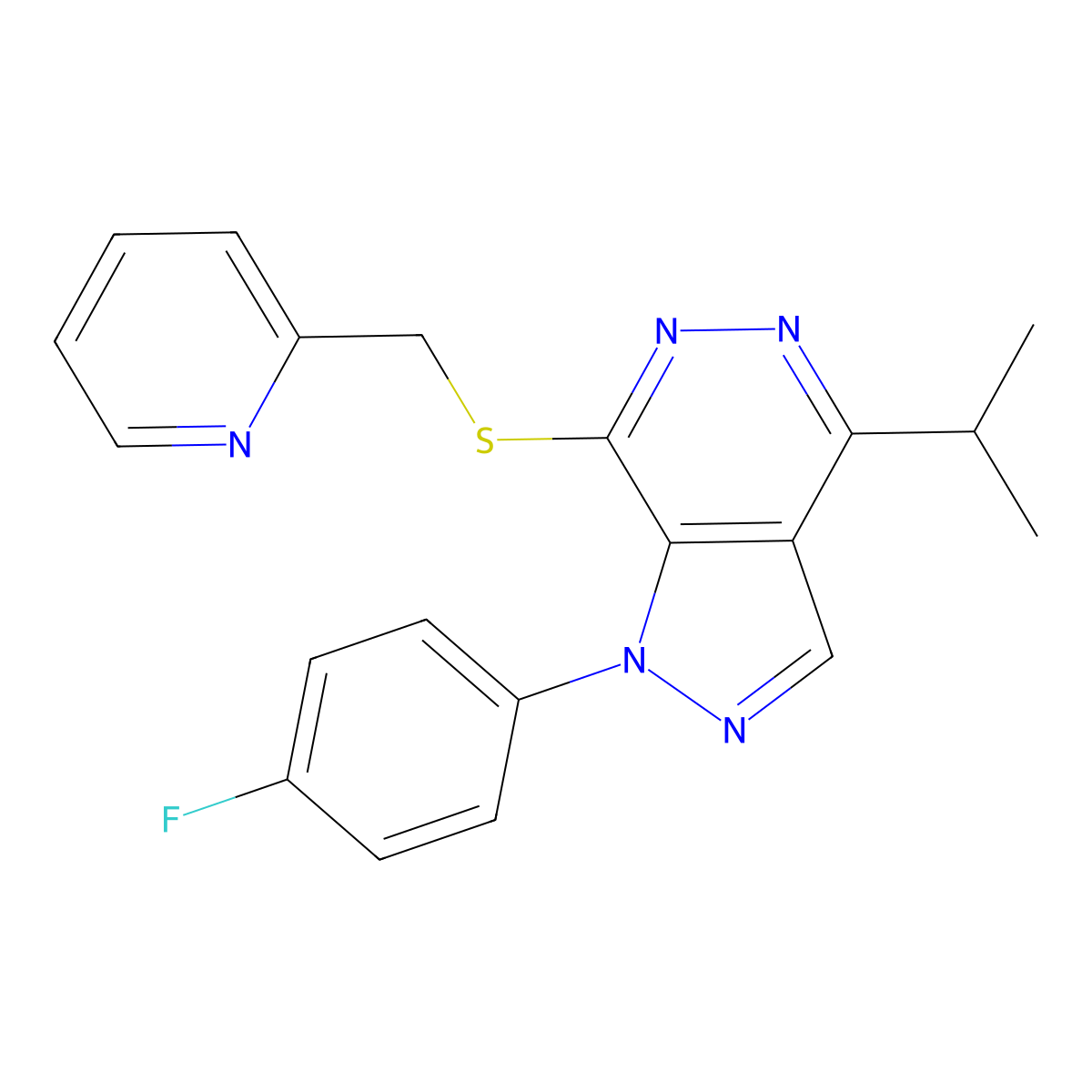 1-(4-fluorophenyl)-4-isopropyl-7-((pyridin-2-ylmethyl)thio)-1H-pyrazolo[3,4-d]pyridazine molecular structure, CAS 1105237-26-0