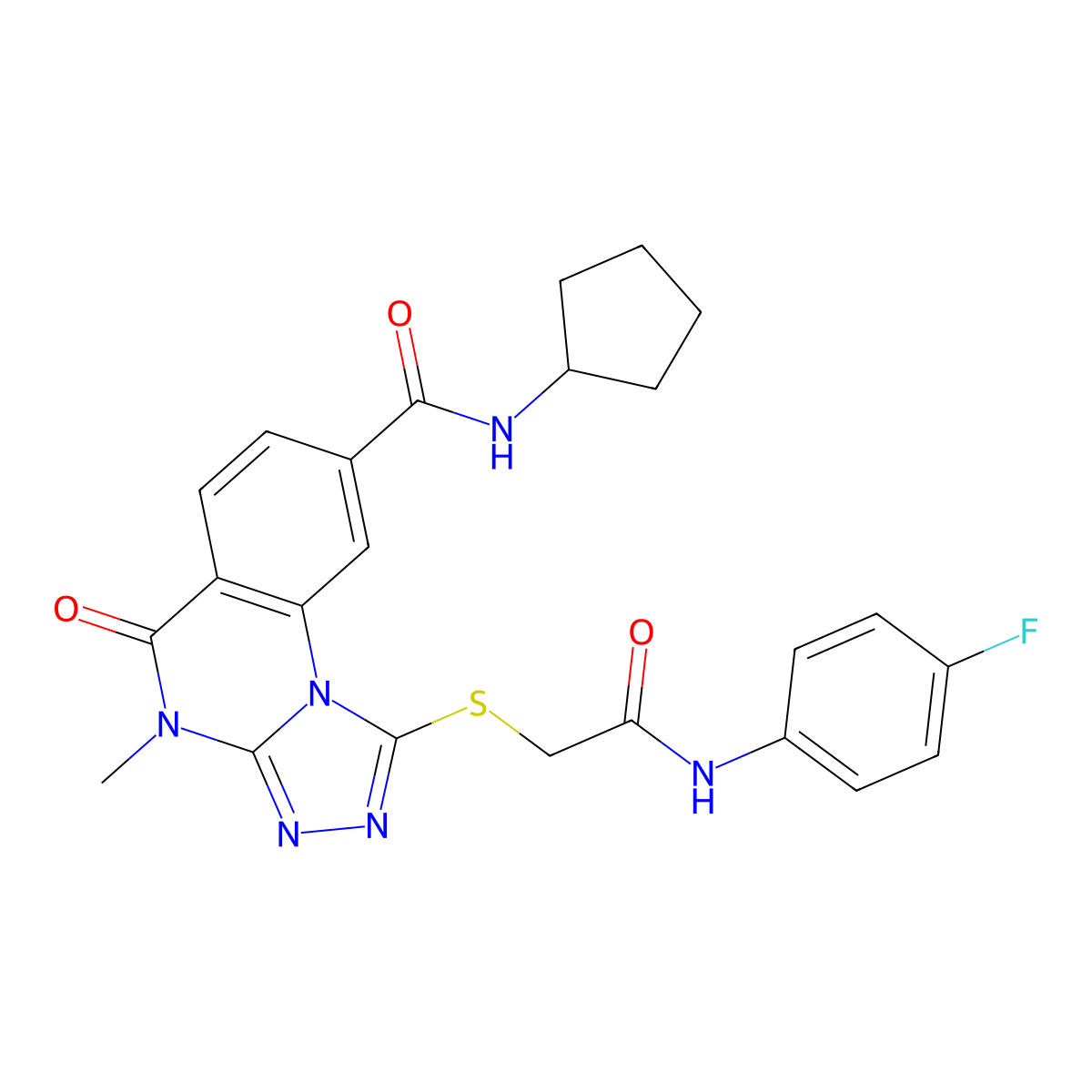 N-cyclopentyl-1-({[(4-fluorophenyl)carbamoyl]methyl}sulfanyl)-4-methyl-5-oxo-4H,5H-[1,2,4]triazolo[4,3-a]quinazoline-8-carboxamide molecular structure, CAS 1105237-27-1