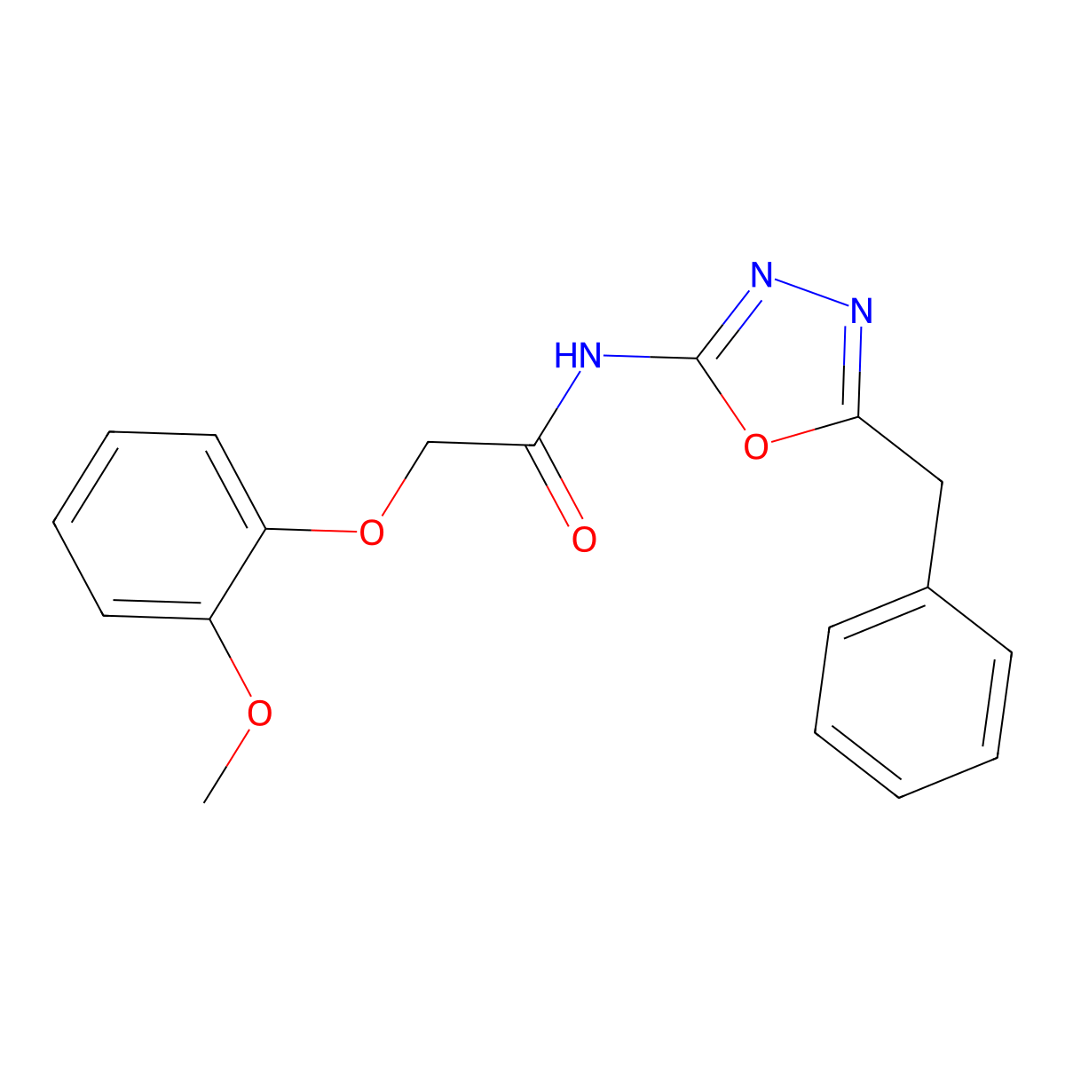 N-(5-benzyl-1,3,4-oxadiazol-2-yl)-2-(2-methoxyphenoxy)acetamide molecular structure, CAS 1105237-36-2