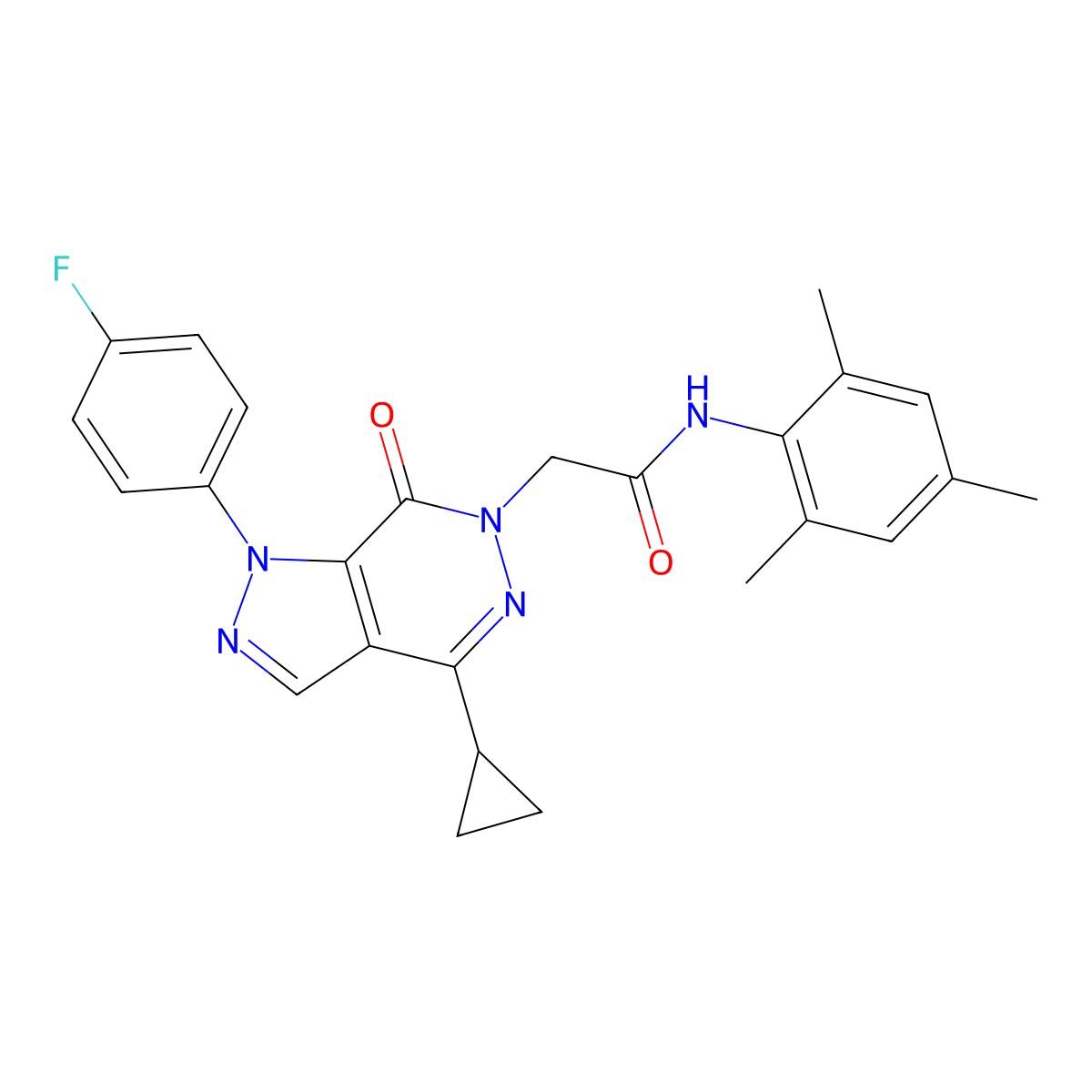 2-(4-cyclopropyl-1-(4-fluorophenyl)-7-oxo-1H-pyrazolo[3,4-d]pyridazin-6(7H)-yl)-N-mesitylacetamide molecular structure, CAS 1105237-39-5