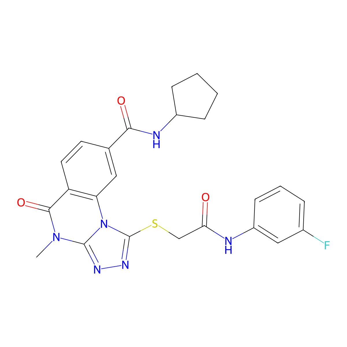 N-cyclopentyl-1-({[(3-fluorophenyl)carbamoyl]methyl}sulfanyl)-4-methyl-5-oxo-4H,5H-[1,2,4]triazolo[4,3-a]quinazoline-8-carboxamide molecular structure, CAS 1105237-43-1