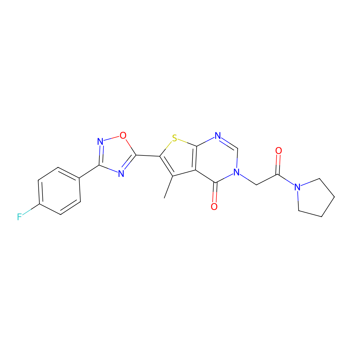 6-(3-(4-fluorophenyl)-1,2,4-oxadiazol-5-yl)-5-methyl-3-(2-oxo-2-(pyrrolidin-1-yl)ethyl)thieno[2,3-d]pyrimidin-4(3H)-one molecular structure, CAS 1105237-51-1