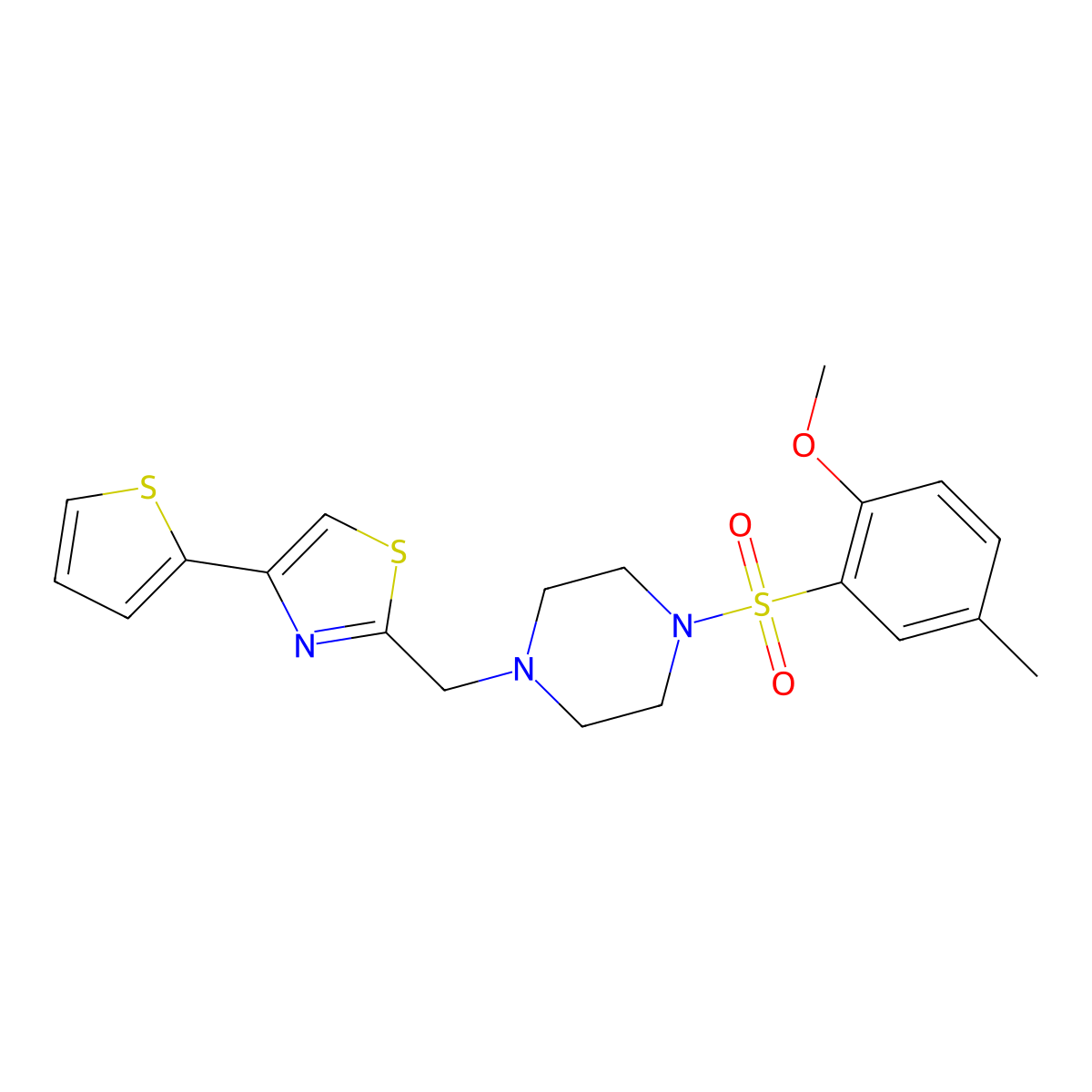 2-((4-((2-Methoxy-5-methylphenyl)sulfonyl)piperazin-1-yl)methyl)-4-(thiophen-2-yl)thiazole molecular structure, CAS 1105237-63-5