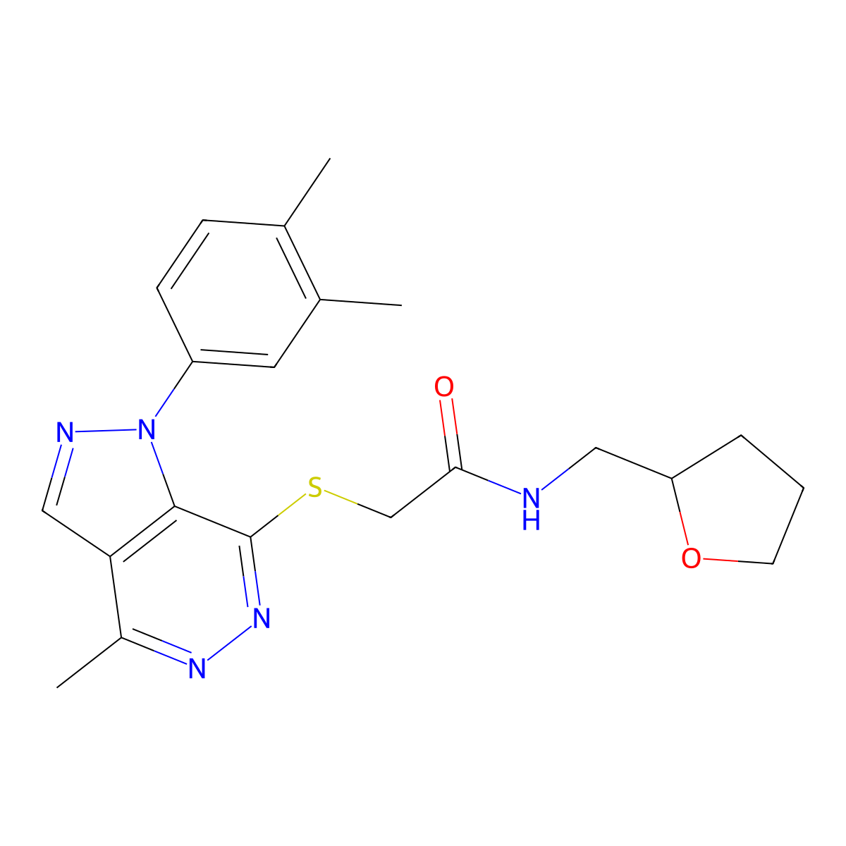 2-((1-(3,4-dimethylphenyl)-4-methyl-1H-pyrazolo[3,4-d]pyridazin-7-yl)thio)-N-((tetrahydrofuran-2-yl)methyl)acetamide molecular structure, CAS 1105237-74-8
