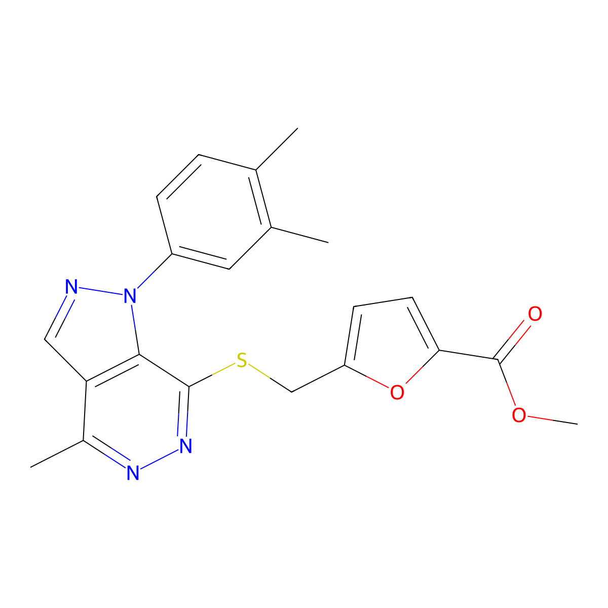 methyl 5-(((1-(3,4-dimethylphenyl)-4-methyl-1H-pyrazolo[3,4-d]pyridazin-7-yl)thio)methyl)furan-2-carboxylate molecular structure, CAS 1105237-82-8