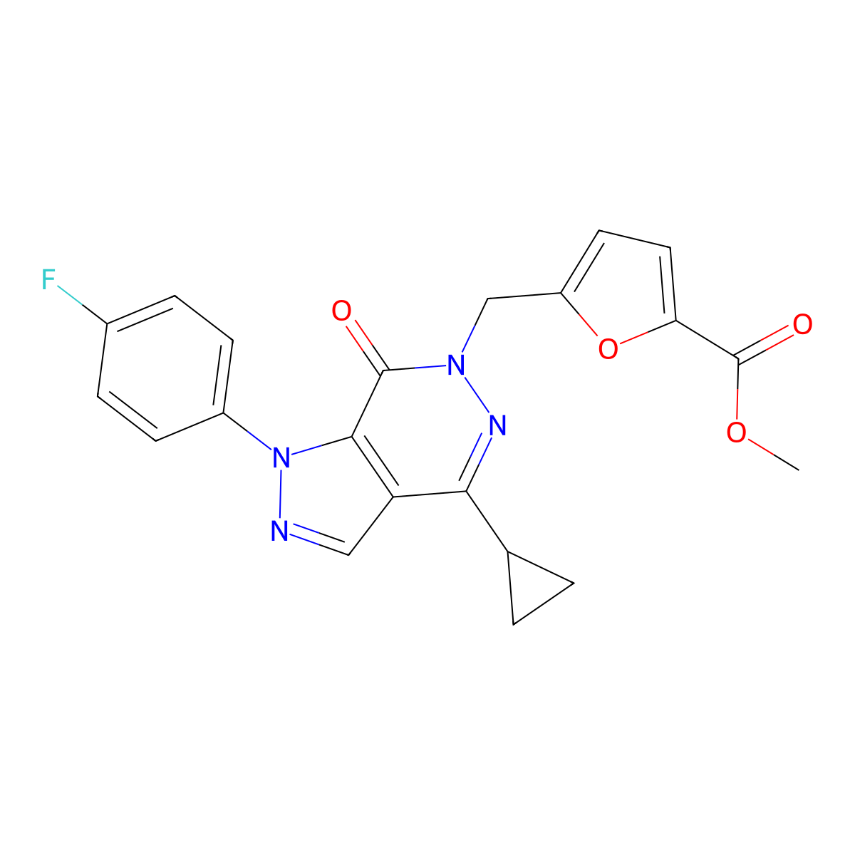 methyl 5-((4-cyclopropyl-1-(4-fluorophenyl)-7-oxo-1H-pyrazolo[3,4-d]pyridazin-6(7H)-yl)methyl)furan-2-carboxylate molecular structure, CAS 1105238-01-4