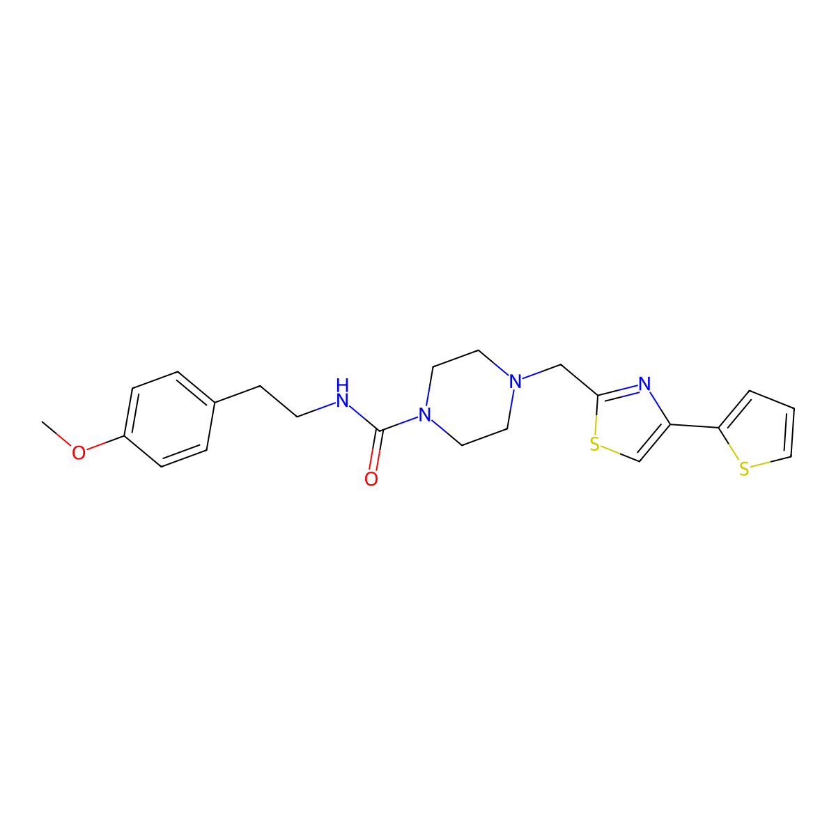 N-(4-methoxyphenethyl)-4-((4-(thiophen-2-yl)thiazol-2-yl)methyl)piperazine-1-carboxamide molecular structure, CAS 1105238-43-4