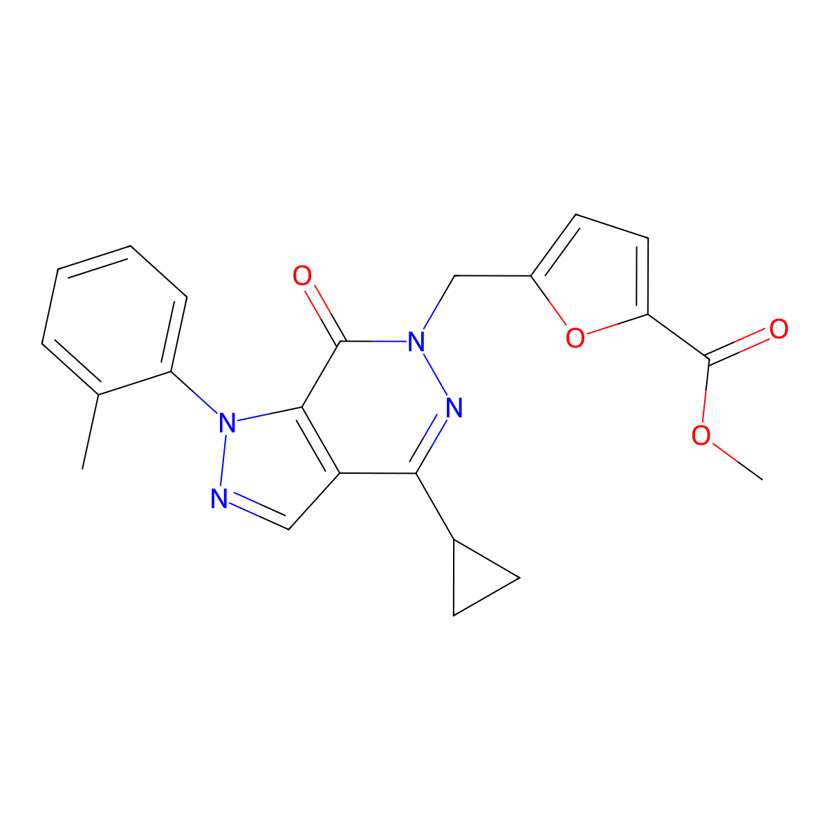 methyl 5-((4-cyclopropyl-7-oxo-1-(o-tolyl)-1H-pyrazolo[3,4-d]pyridazin-6(7H)-yl)methyl)furan-2-carboxylate molecular structure, CAS 1105239-05-1