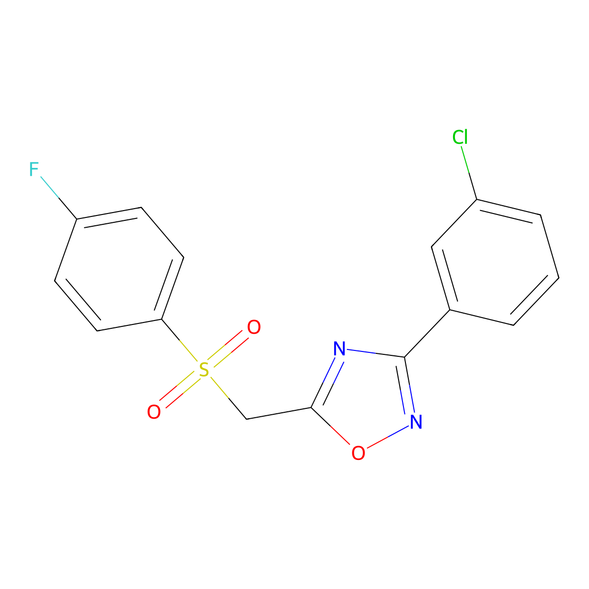 3-(3-Chlorophenyl)-5-(((4-fluorophenyl)sulfonyl)methyl)-1,2,4-oxadiazole molecular structure, CAS 1105239-11-9