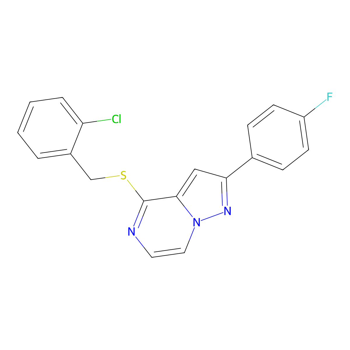 4-[(2-Chlorobenzyl)thio]-2-(4-fluorophenyl)pyrazolo[1,5-a]pyrazine molecular structure, CAS 1105239-82-4