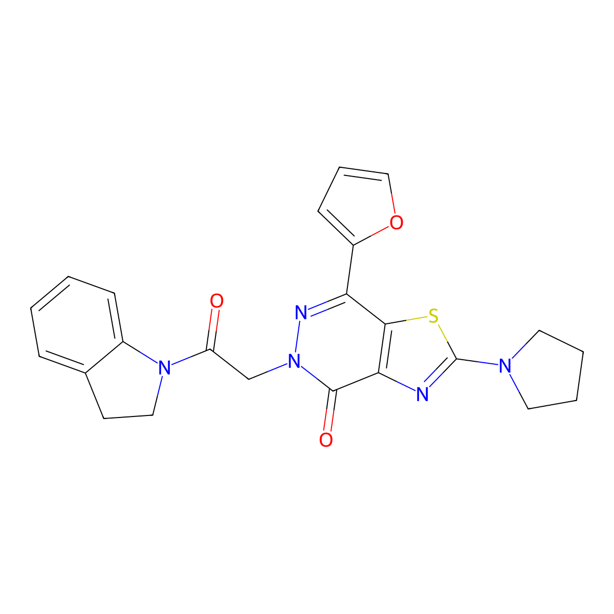 7-(furan-2-yl)-5-(2-(indolin-1-yl)-2-oxoethyl)-2-(pyrrolidin-1-yl)thiazolo[4,5-d]pyridazin-4(5H)-one molecular structure, CAS 1105239-88-0