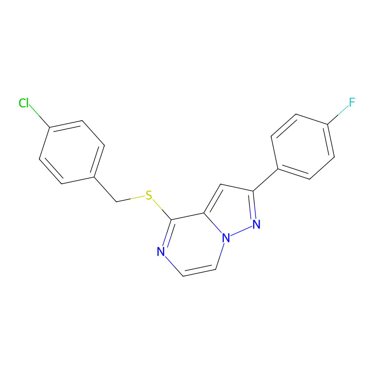 4-[(4-Chlorobenzyl)thio]-2-(4-fluorophenyl)pyrazolo[1,5-a]pyrazine molecular structure, CAS 1105239-90-4