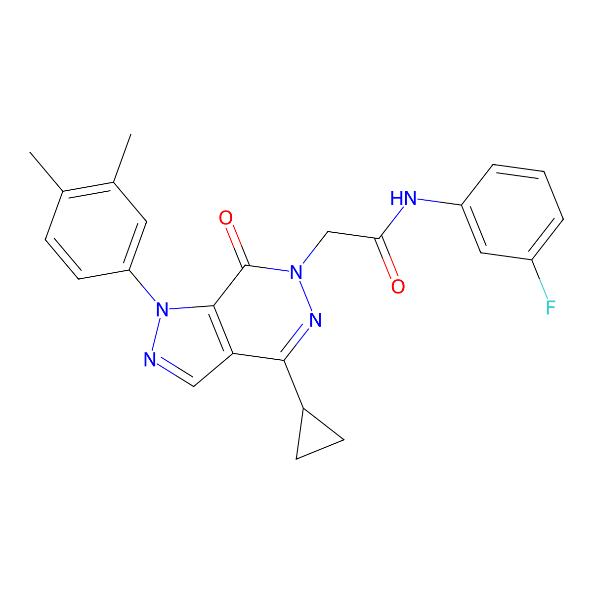 2-(4-cyclopropyl-1-(3,4-dimethylphenyl)-7-oxo-1H-pyrazolo[3,4-d]pyridazin-6(7H)-yl)-N-(3-fluorophenyl)acetamide molecular structure, CAS 1105240-00-3