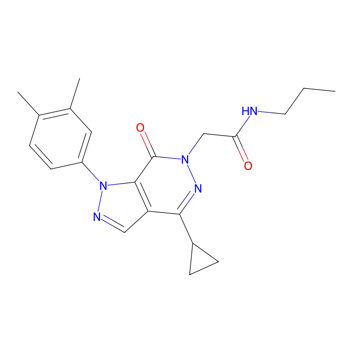 2-(4-cyclopropyl-1-(3,4-dimethylphenyl)-7-oxo-1H-pyrazolo[3,4-d]pyridazin-6(7H)-yl)-N-propylacetamide molecular structure, CAS 1105240-07-0