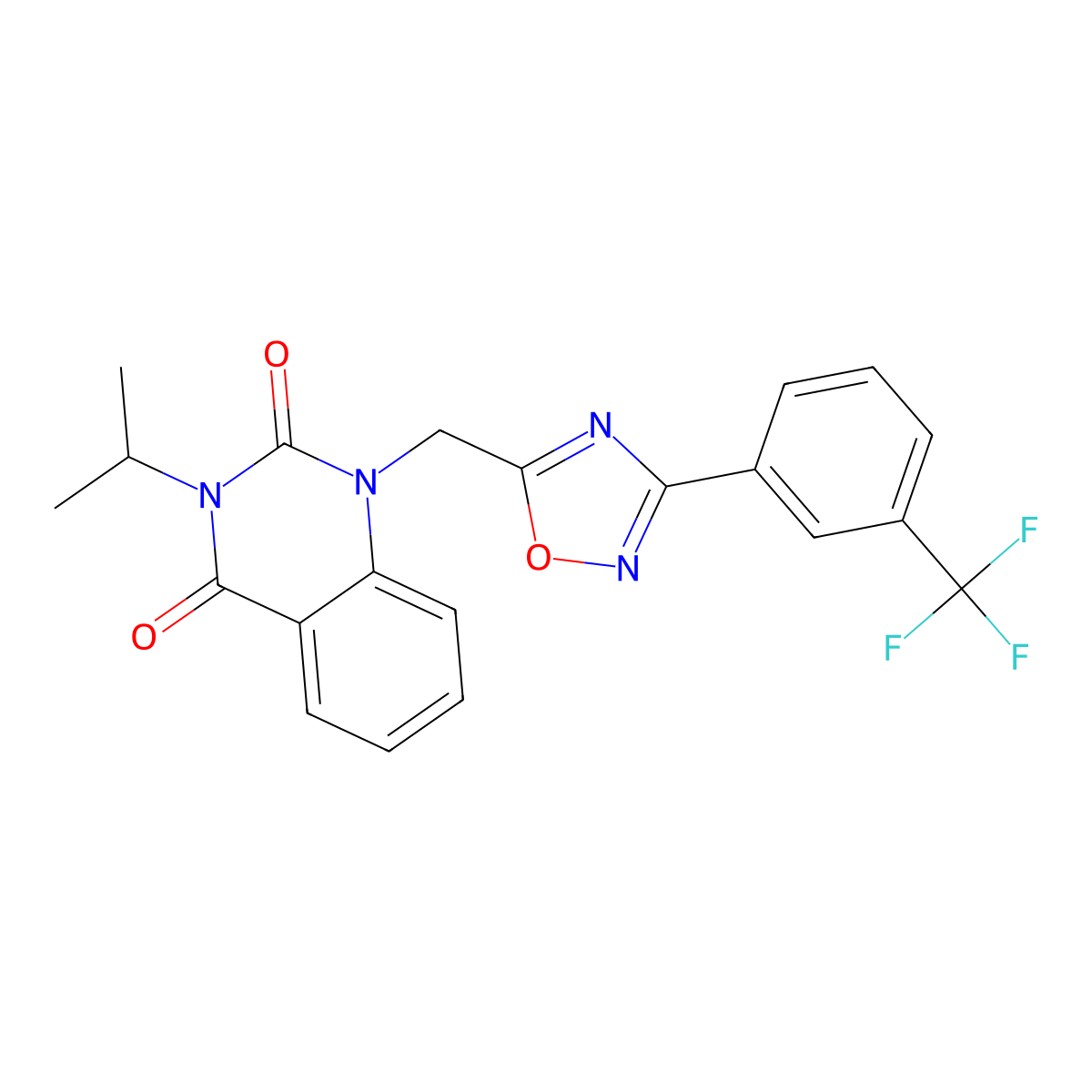 3-isopropyl-1-((3-(3-(trifluoromethyl)phenyl)-1,2,4-oxadiazol-5-yl)methyl)quinazoline-2,4(1H,3H)-dione molecular structure, CAS 1105240-15-0