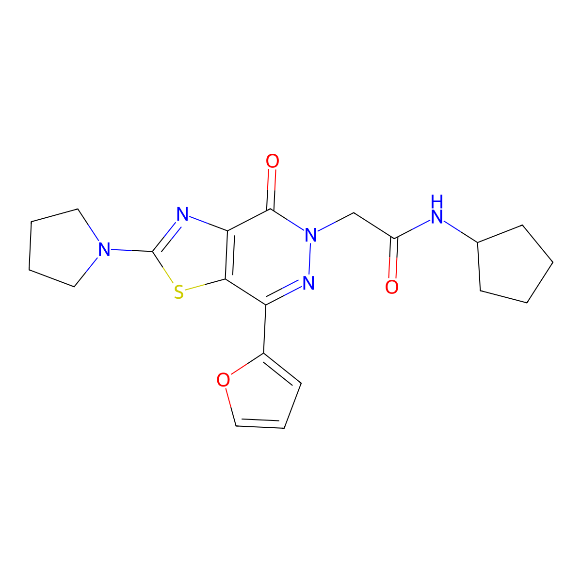 N-cyclopentyl-2-(7-(furan-2-yl)-4-oxo-2-(pyrrolidin-1-yl)thiazolo[4,5-d]pyridazin-5(4H)-yl)acetamide molecular structure, CAS 1105240-27-4