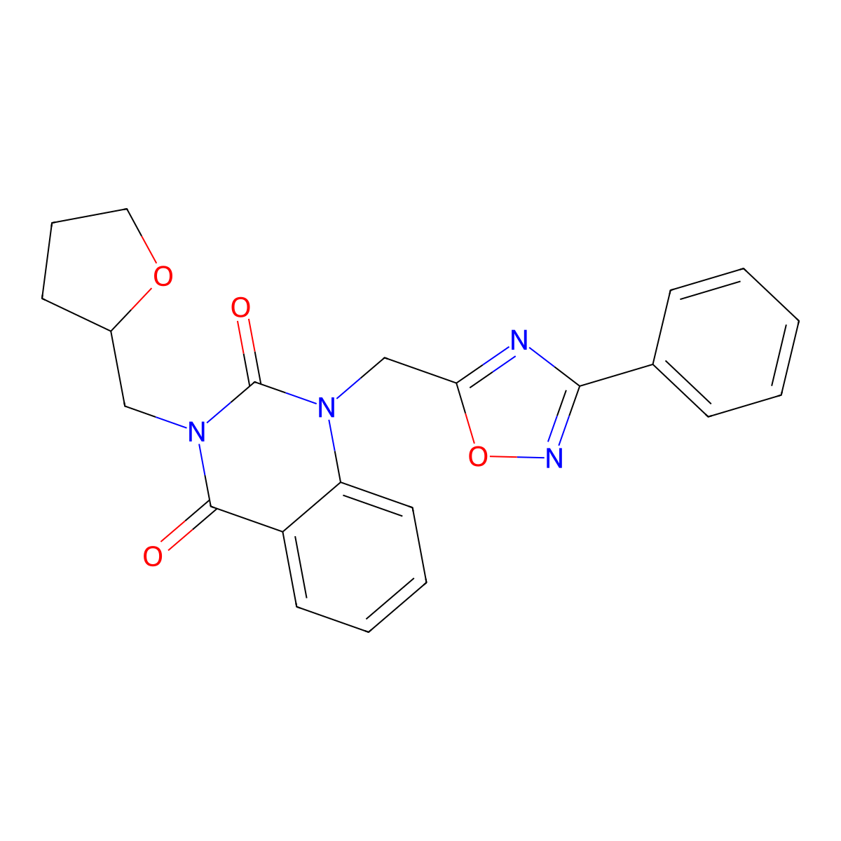 1-((3-phenyl-1,2,4-oxadiazol-5-yl)methyl)-3-((tetrahydrofuran-2-yl)methyl)quinazoline-2,4(1H,3H)-dione molecular structure, CAS 1105240-31-0