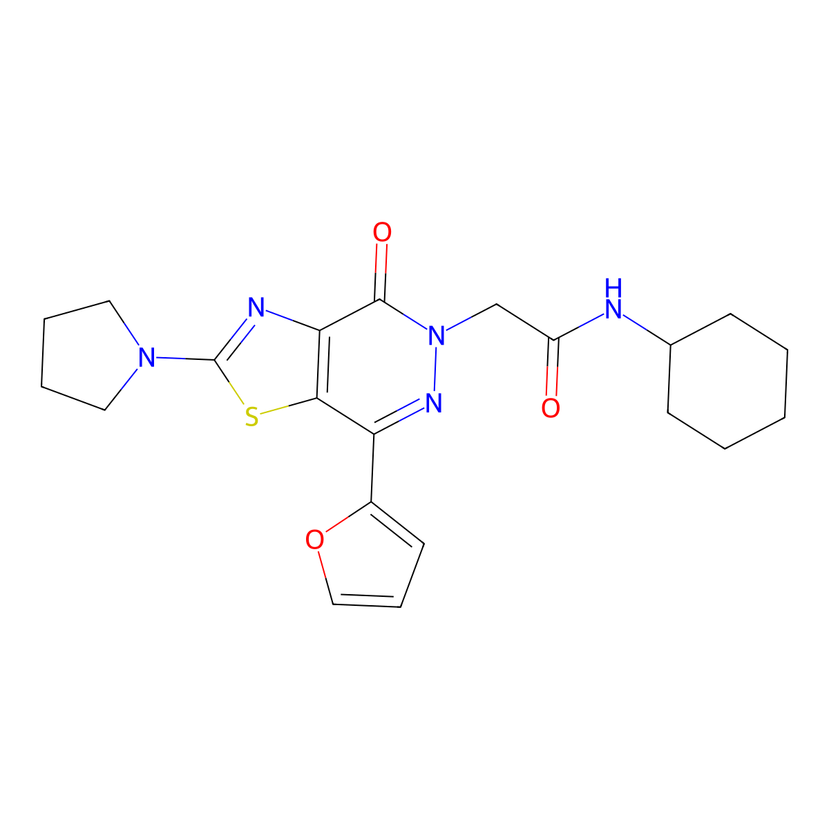 N-cyclohexyl-2-(7-(furan-2-yl)-4-oxo-2-(pyrrolidin-1-yl)thiazolo[4,5-d]pyridazin-5(4H)-yl)acetamide molecular structure, CAS 1105240-35-4