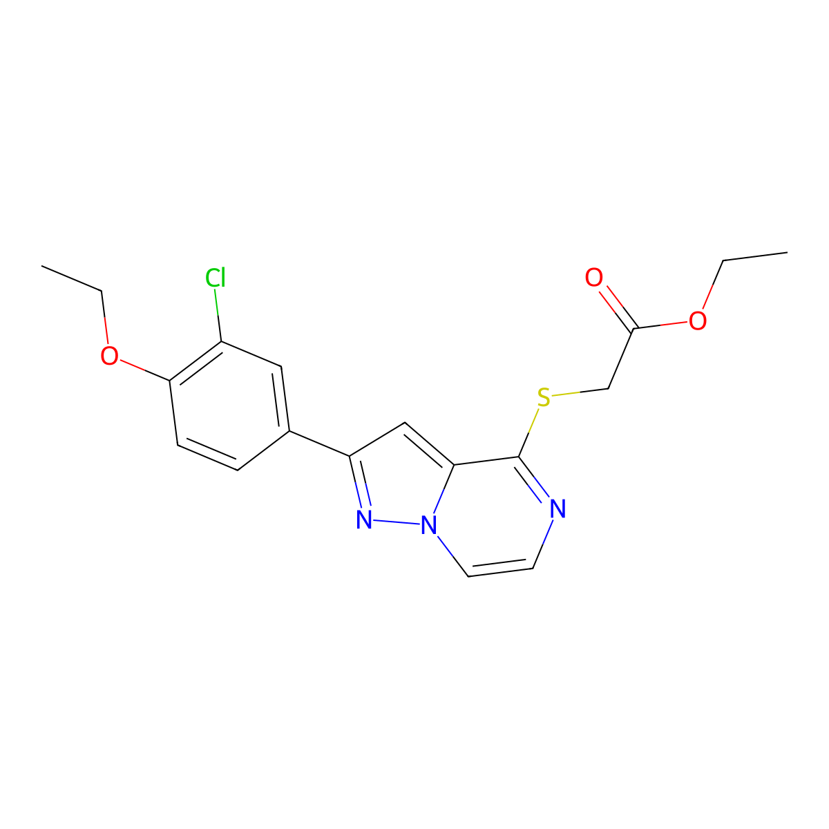 Ethyl {[2-(3-chloro-4-ethoxyphenyl)pyrazolo[1,5-a]pyrazin-4-yl]thio}acetate molecular structure, CAS 1105240-36-5