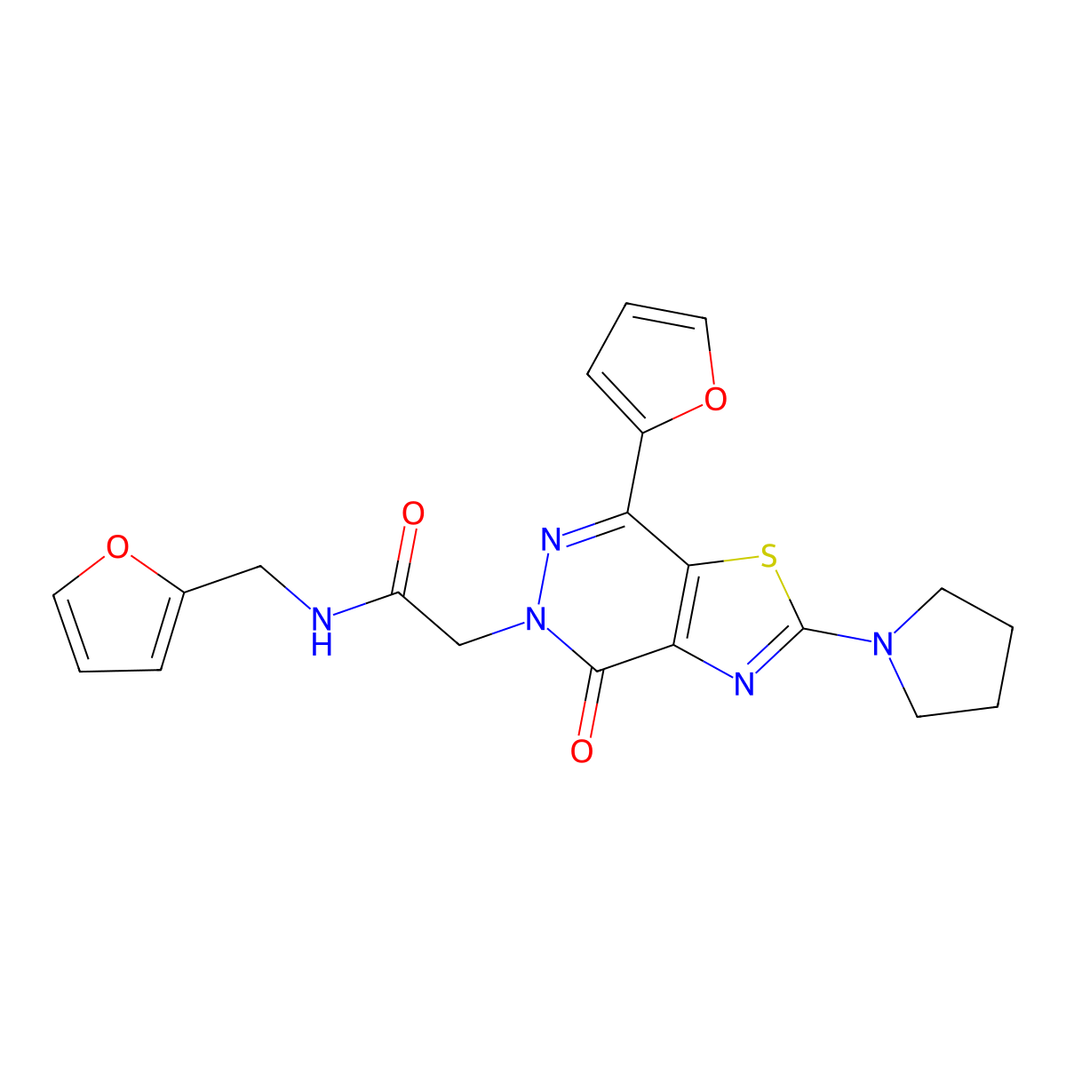 2-(7-(furan-2-yl)-4-oxo-2-(pyrrolidin-1-yl)thiazolo[4,5-d]pyridazin-5(4H)-yl)-N-(furan-2-ylmethyl)acetamide molecular structure, CAS 1105240-43-4