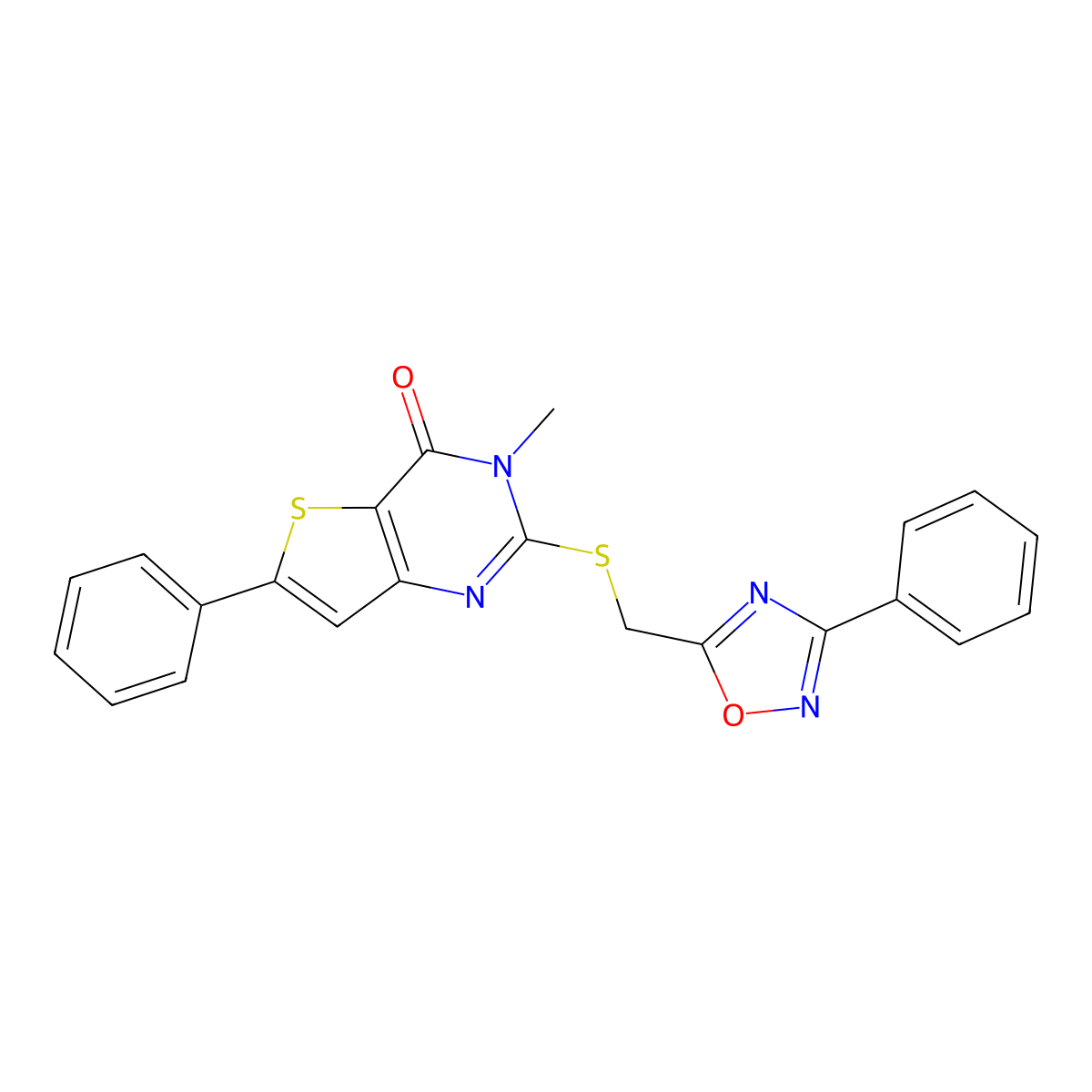 3-methyl-6-phenyl-2-{[(3-phenyl-1,2,4-oxadiazol-5-yl)methyl]sulfanyl}-3H,4H-thieno[3,2-d]pyrimidin-4-one molecular structure, CAS 1105240-48-9