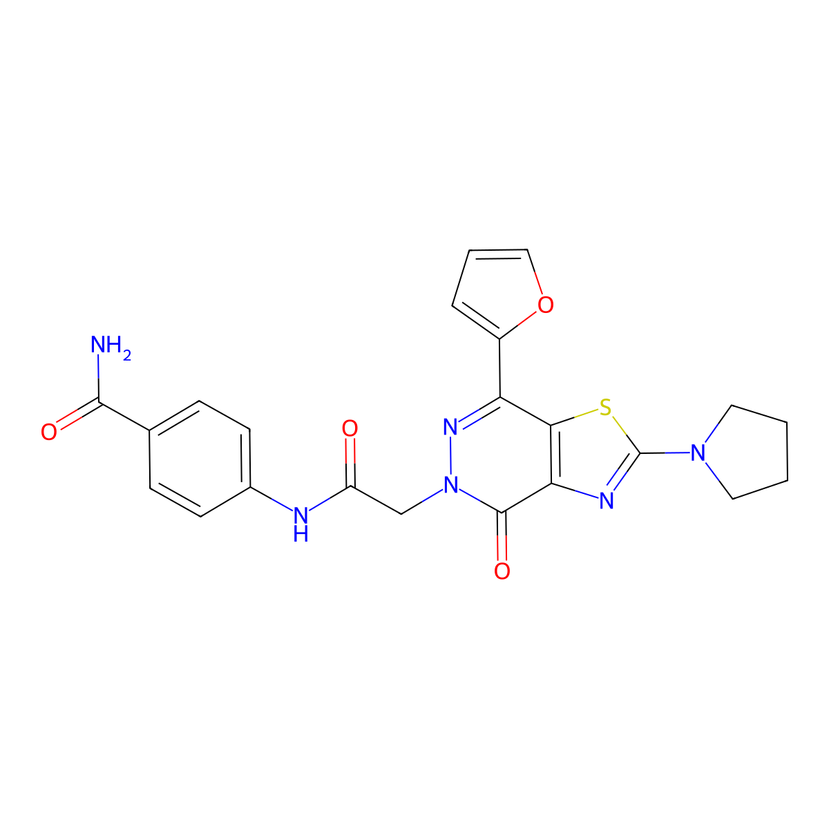 4-(2-(7-(furan-2-yl)-4-oxo-2-(pyrrolidin-1-yl)thiazolo[4,5-d]pyridazin-5(4H)-yl)acetamido)benzamide molecular structure, CAS 1105240-50-3