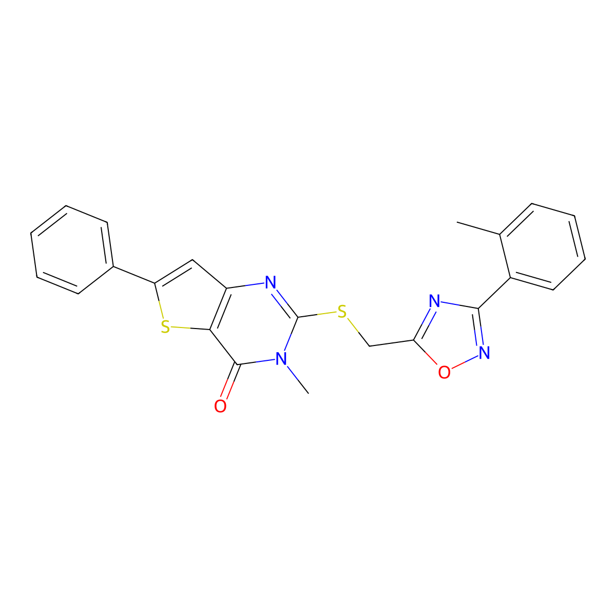 3-methyl-6-phenyl-2-(((3-(o-tolyl)-1,2,4-oxadiazol-5-yl)methyl)thio)thieno[3,2-d]pyrimidin-4(3H)-one molecular structure, CAS 1105240-55-8