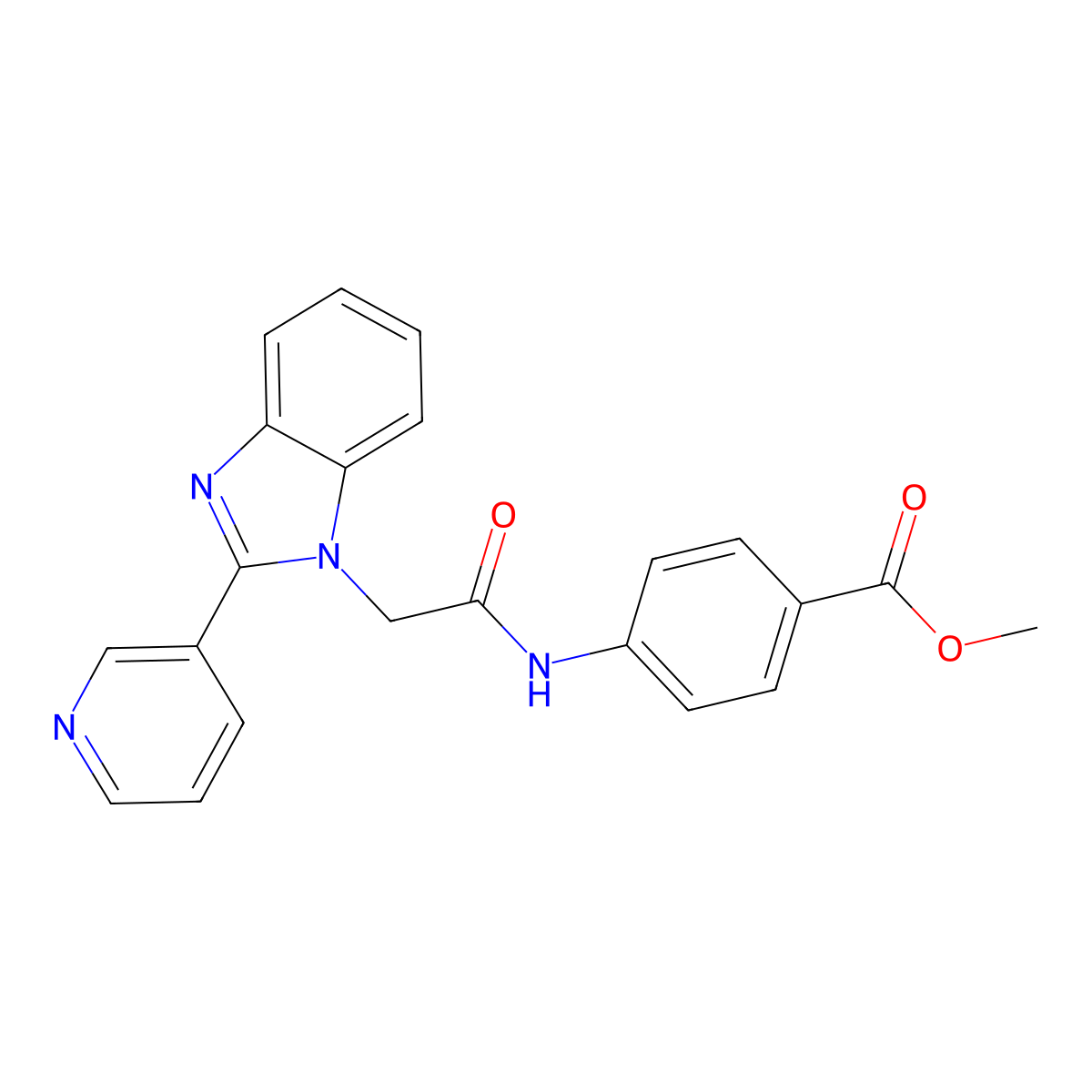 methyl 4-(2-(2-(pyridin-3-yl)-1H-benzo[d]imidazol-1-yl)acetamido)benzoate molecular structure, CAS 1105240-59-2